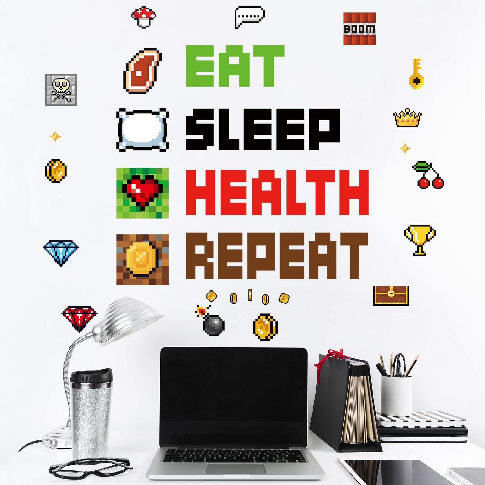 9pcs Pixel Themed Wall Decals, Video Game Peel and Stick Pixel Art Wall Stickers for Boys Girls Removable Home Office Party Bedroom Game Room Decor