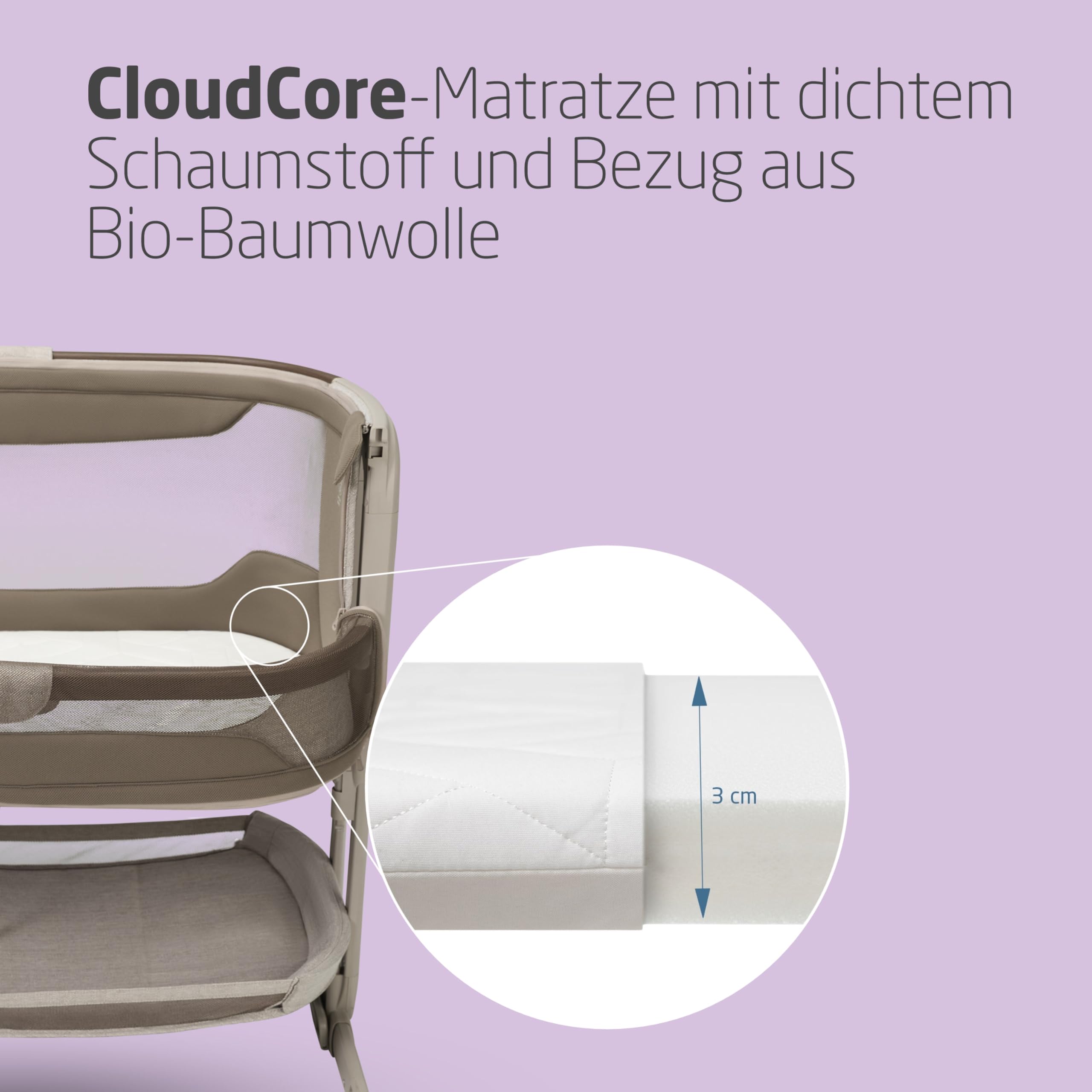 Maxi Cosi Iora Select Baby Stubenbett 0-6 Monate 9 kg Faltbares Beistellbett Schaukelbett CloudCore-Matratze 3 cm 5 Höhenstufen 4 Rollen Easy Slide Elegance Truffle