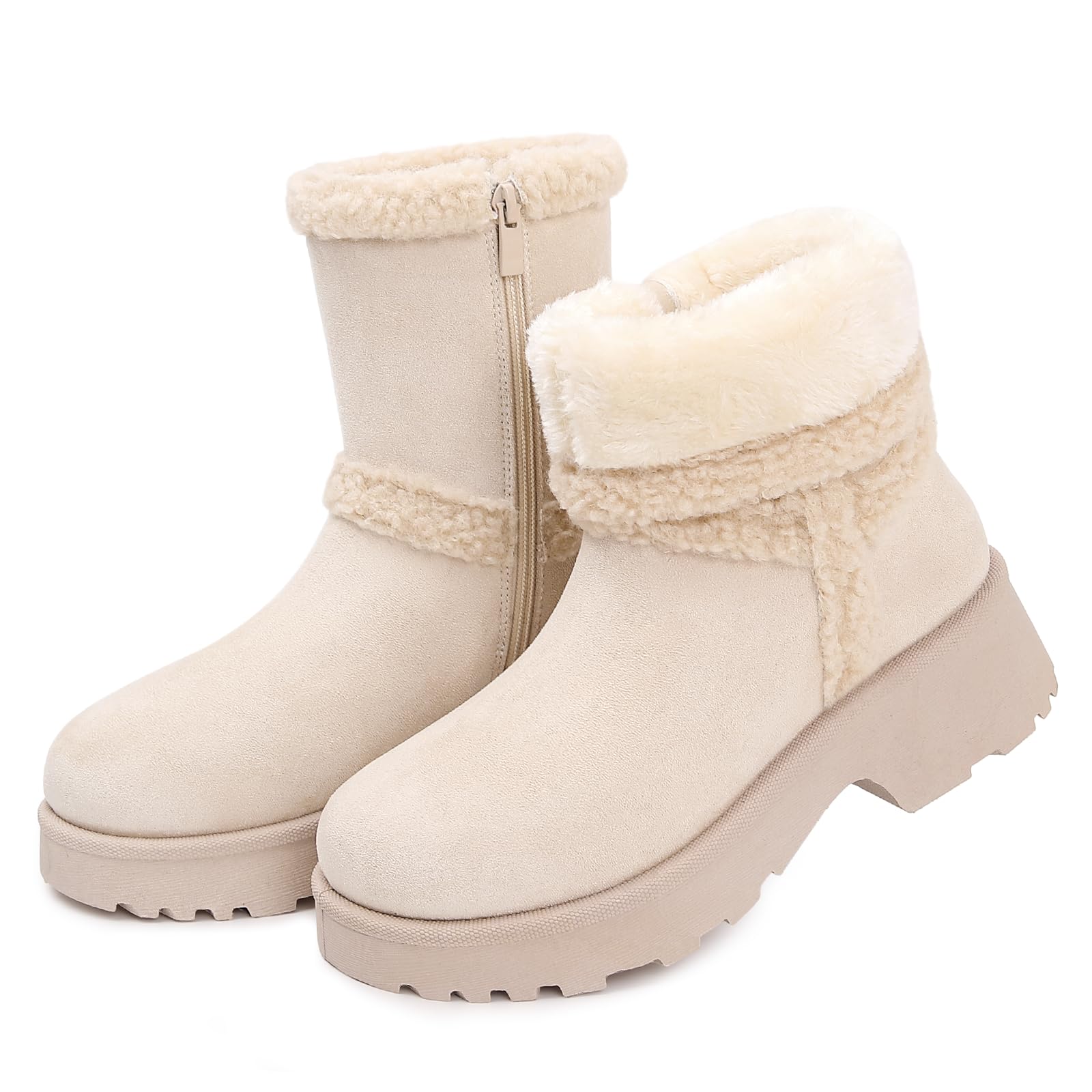 Womens Slip On Winter Snow Boots Faux Fur Lined Platform Mid calf Booties with Zipper Riding Walking Outdoor