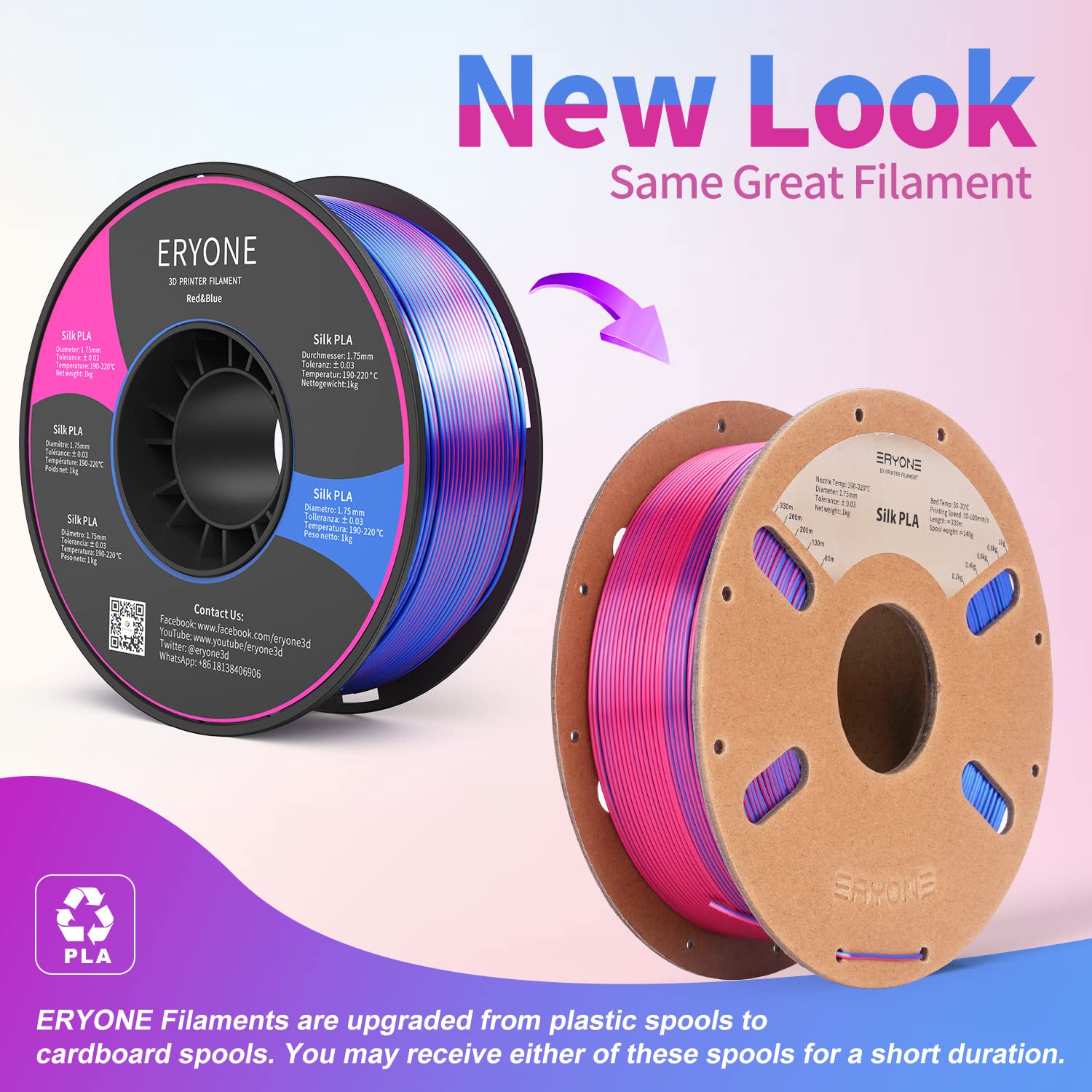 ERYONE Filamento PLA bicolore doppio 1,75 mm, filamento stampante 3D bobina da 1 kg +/- 0,02 mm, seta rossa e blu