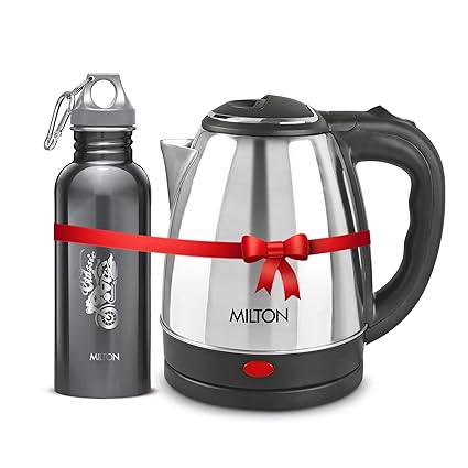 Milton Combo Set Go Electro Stainless Steel Electric Kettle, 1.5 Litre, Silver, 1 Piece and Alive Stainless Steel Water Bottle, 750 ml, 1 Piece, Black