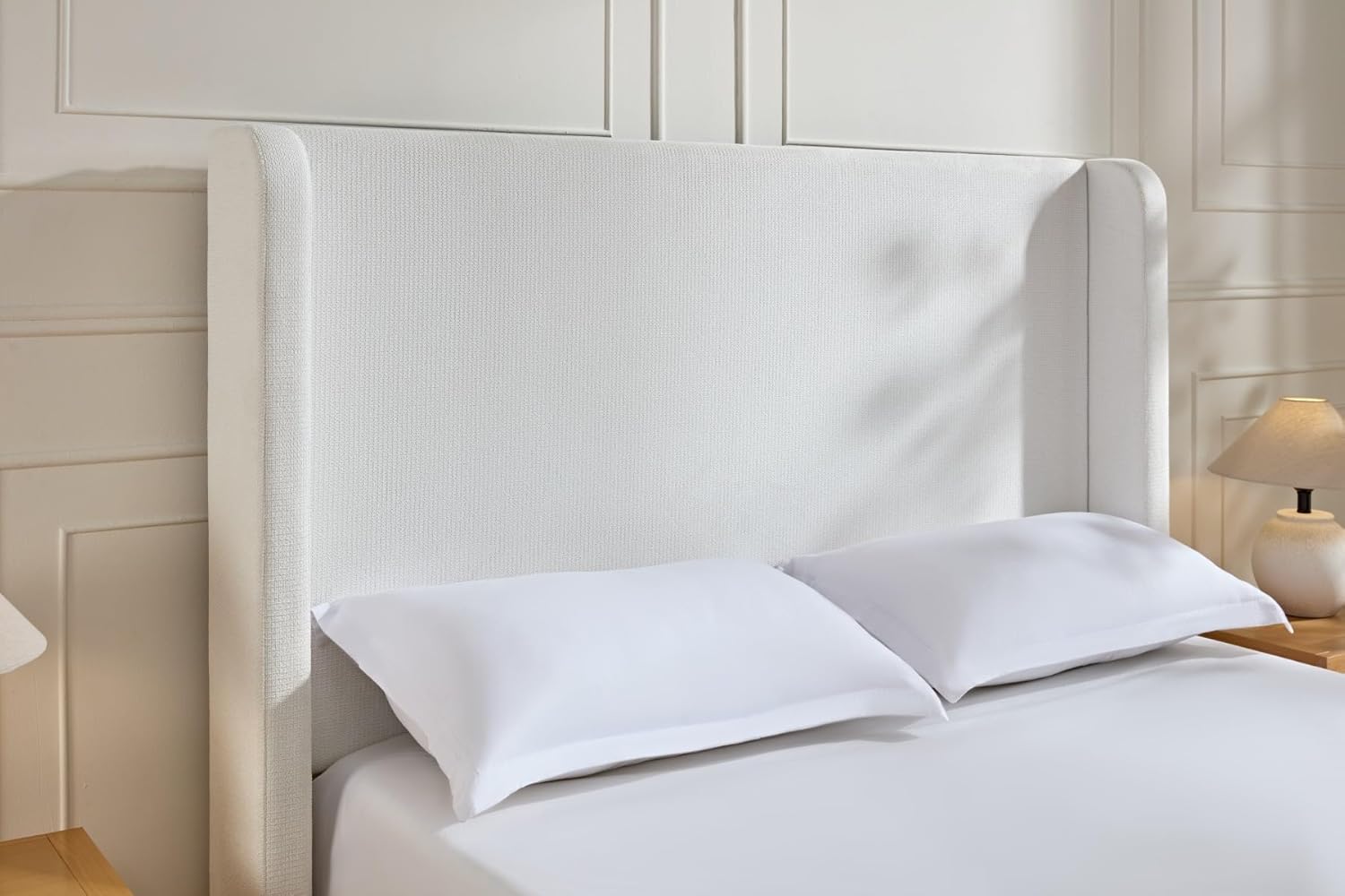 KEIKI Chenille King Size Bed Frame, 54" Tall Headboard Upholstered Platform BedFrame with Wingback, Elegant Simplicity, No Box Spring Needed, Solid Oak Wood Feet, Cream White