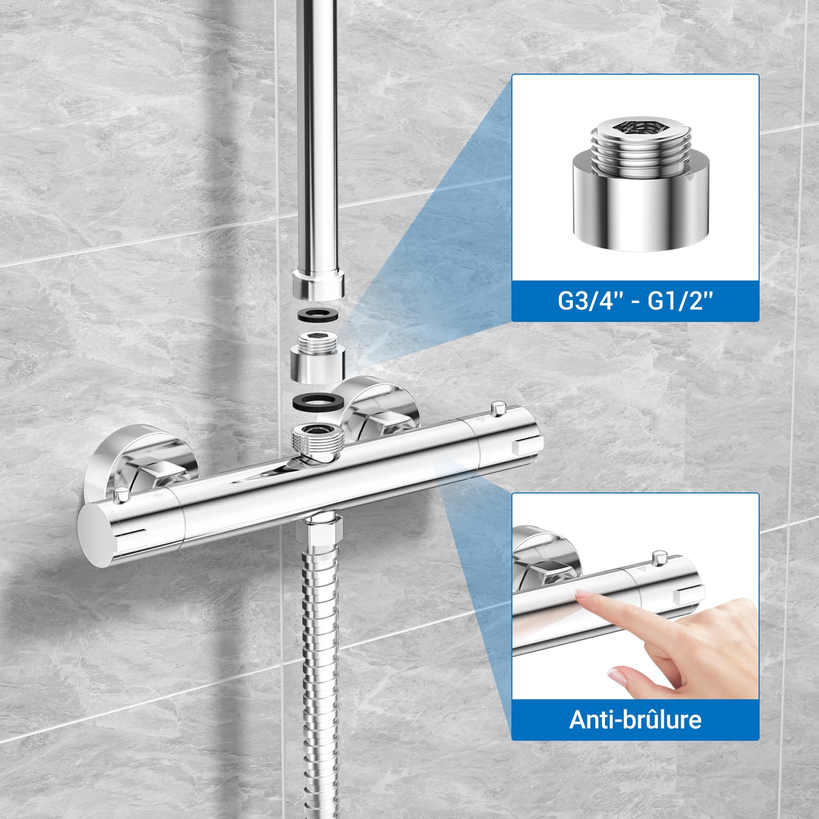 Grifo mezclador de ducha termostático con botón de seguridad 38 °C y 2 salidas altas G3/4" BSP(24 mm)+bajo G1/2" BSP(20 mm), antiquemadura, montaje en pared, latón, temperatura constante