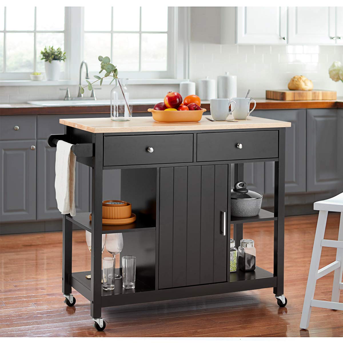 Rolling Kitchen Island Cart with Large Drawers, Towel Rack