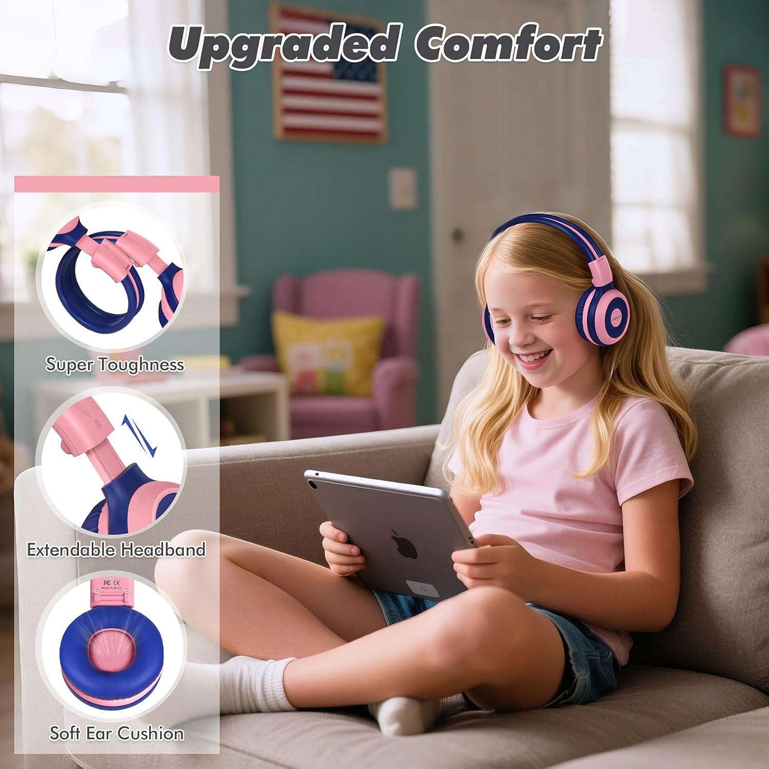 Girl on a couch wearing SIMOLIO headphones, with insets showing the super toughness, extendable headband, and soft ear cushions.