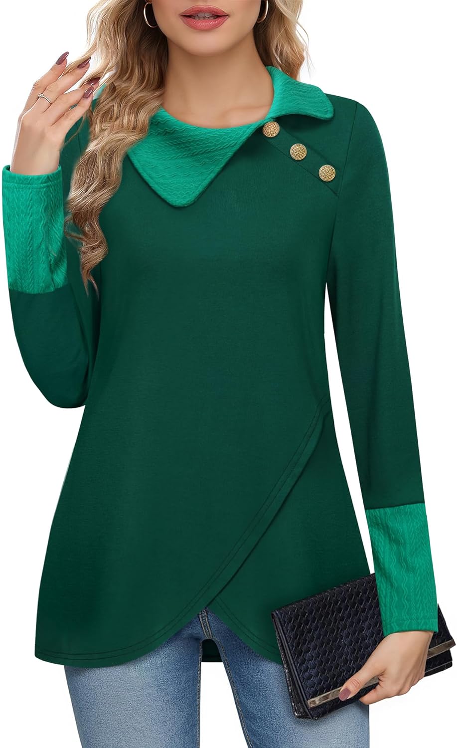 Bebonnie Women's Long Sleeve Lapel Neck Lightweight Sweatshirt Pullover Tunic Tops with Buttons - Image 3