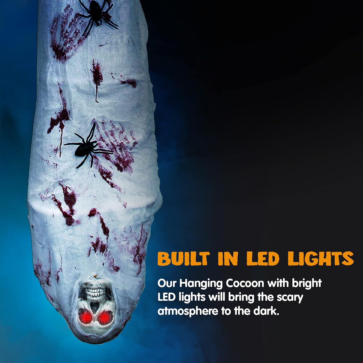 72“ Halloween Light-up Cocoon Corpse with IR Sensor and Motion Detector, Covered with Blood Cloth, Outdoor/Indoor Decor Hanging Halloween Decorations Mummy Cocoon Halloween Props Decors