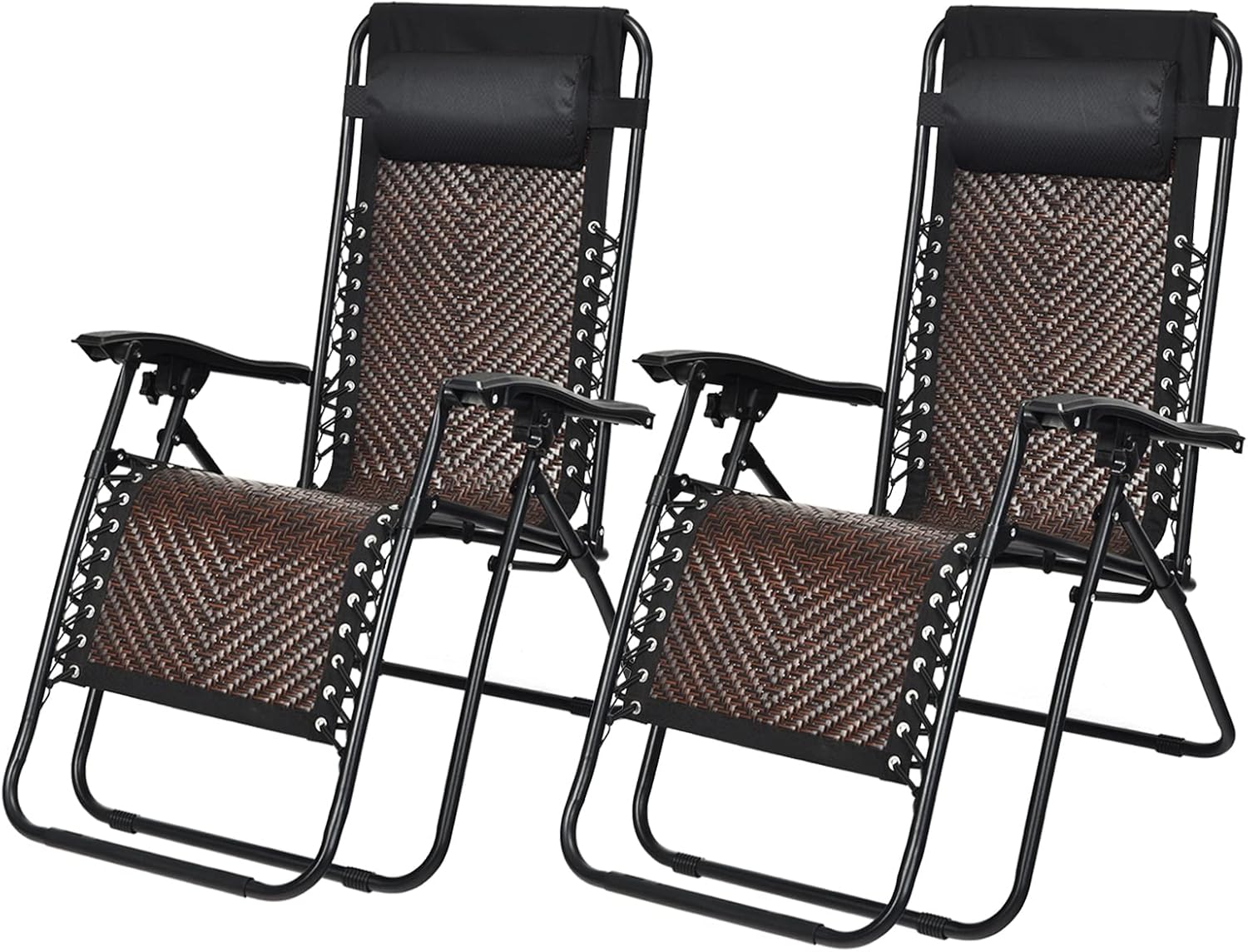 RELAX4LIFE Zero Gravity Recliner Chair - Set of Two Folding Wicker Reclining Camp Chair with Height Adjustable & Head Pillow, Portable PE Rattan Reclining Chair for Patio, Poolside, Lawn (2, Brown)