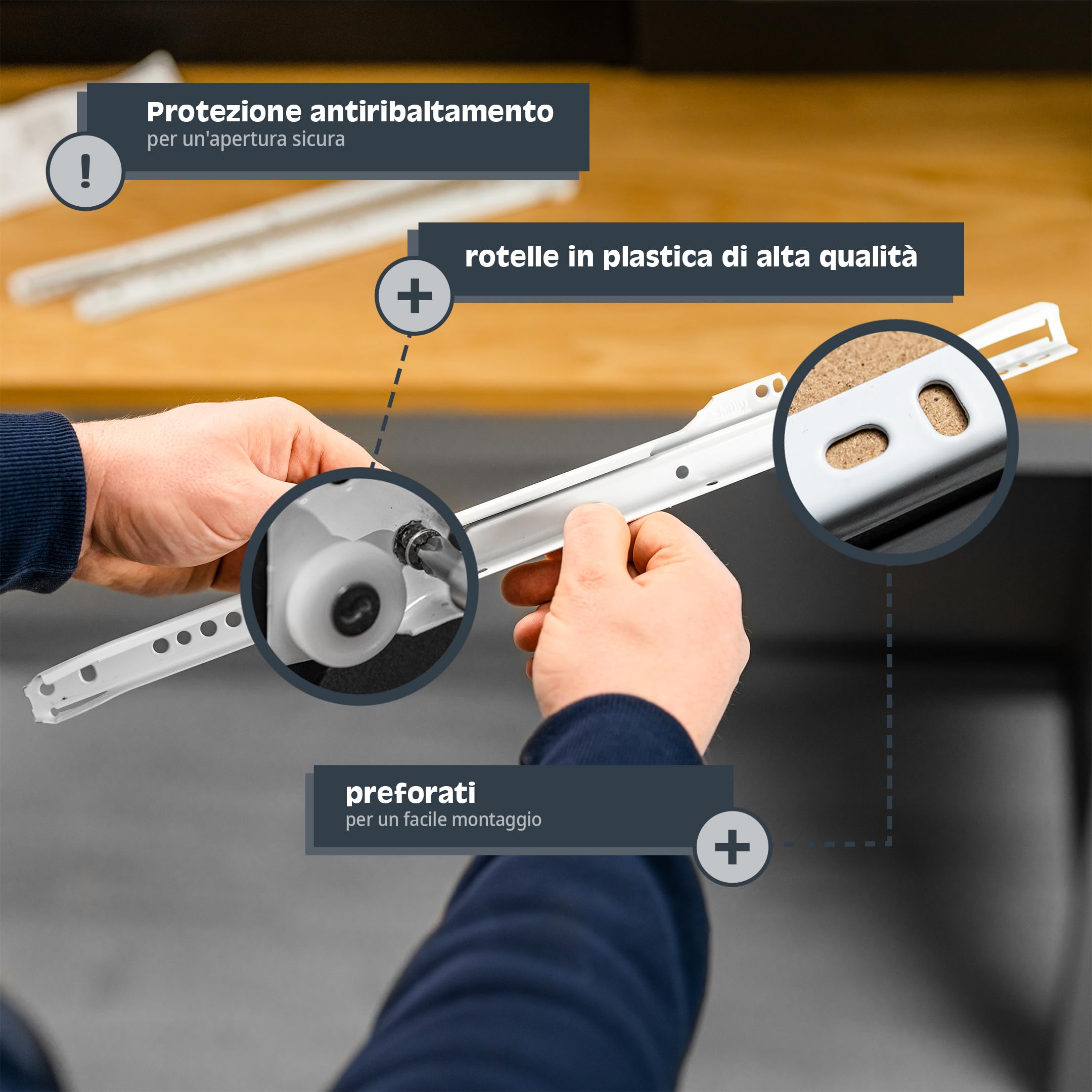 HELPMATE – Guida per binario scorrevole 350 mm – 1 paio – bianca | Guida per cassetti adatta all’estrazione parziale – materiale di fissaggio incluso