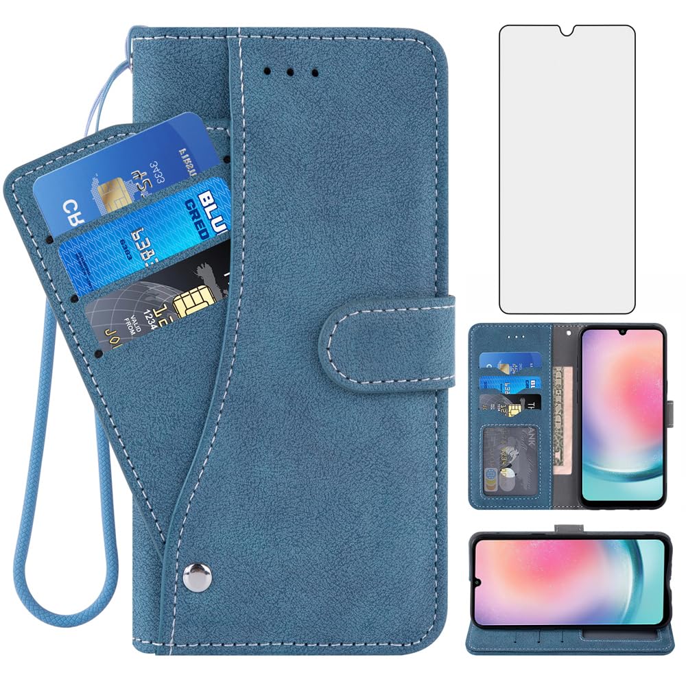Asuwish Compatible with Samsung Galaxy A25 5G/A24 4G/M34 /F34 Wallet Case and Tempered Glass Screen Protector Flip Credit Card Holder Cell Accessories Phone Cover for A 25 25A 24A LTE Women Men Blue