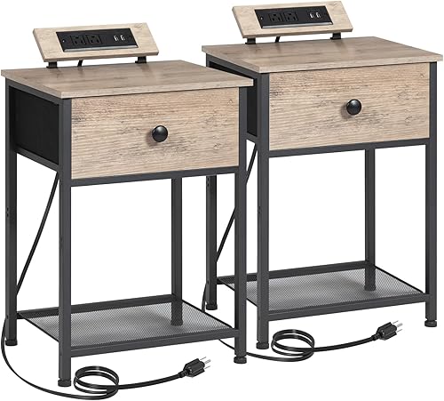 Miniatura 9 de AMHANCIBLE Mesita de noche blanca, juego de 2, mesas auxiliares pequeñas para sala de estar con estación de carga, mesa auxiliar de cama delgada con