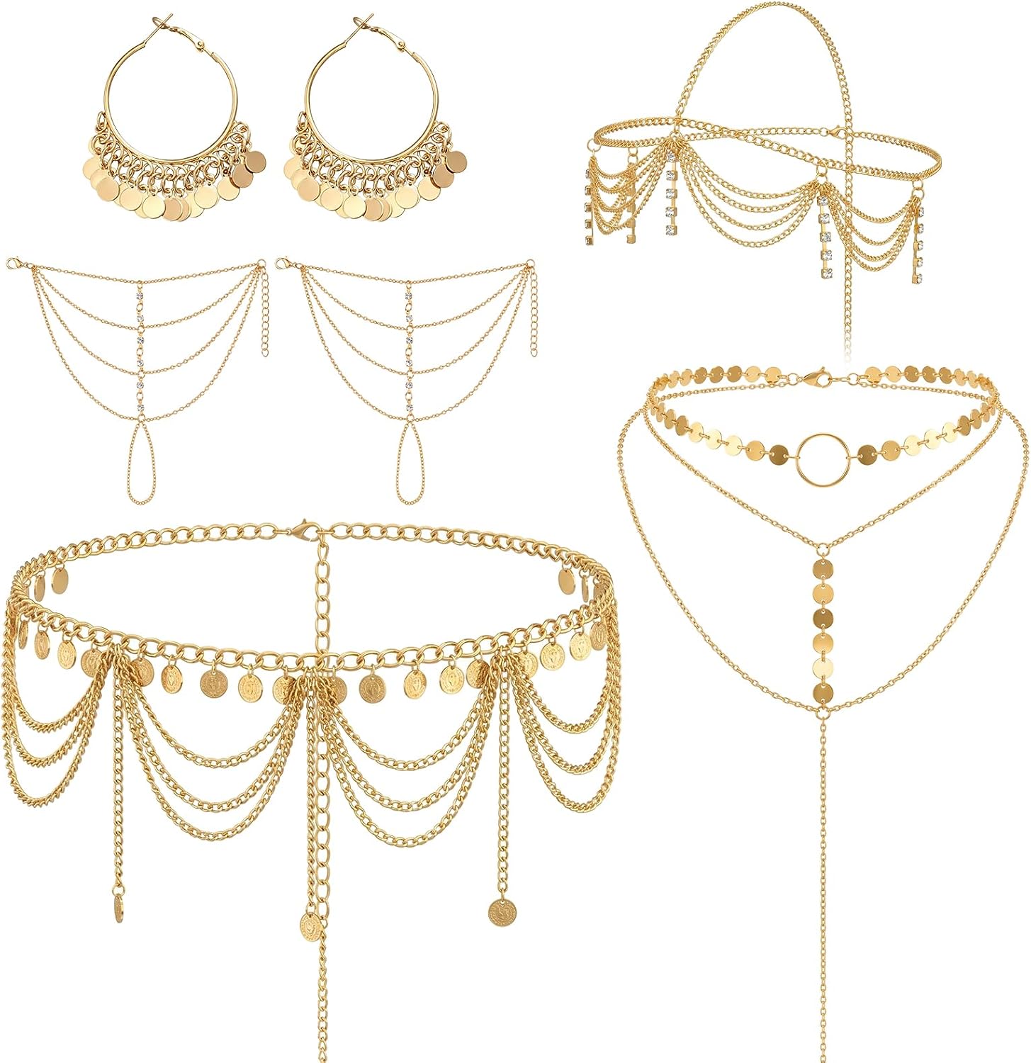 Quelay 5 Pcs Belly Dance Jewelry Set for Women Gold Head Chain