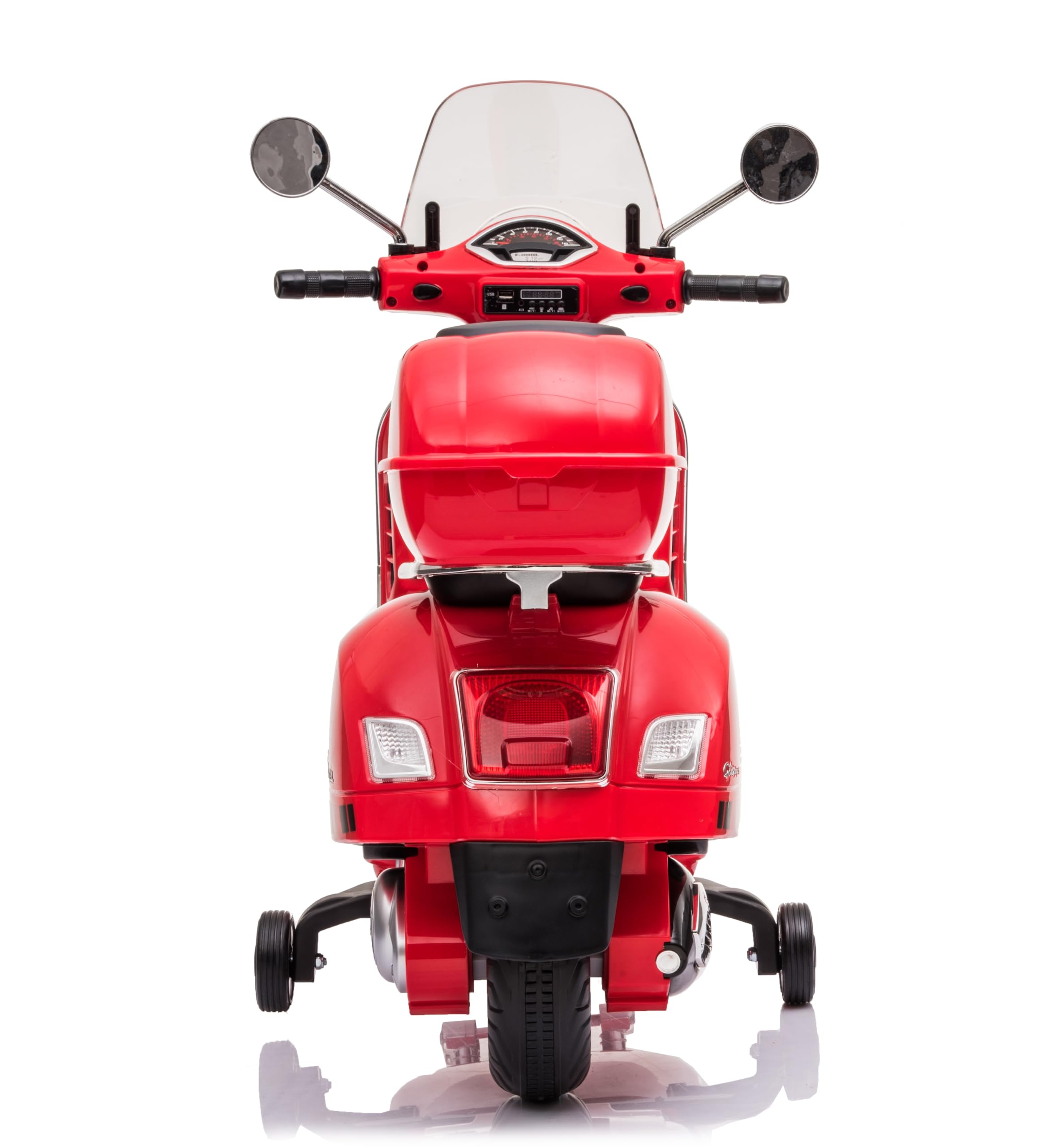 Mondial Toys Moto Elettrica per Bambini 12V con Licenza Ufficiale Vespa Piaggio – Modello GTS Super, Luci LED, MP3, Sedile in Pelle, Bauletto – Rosso