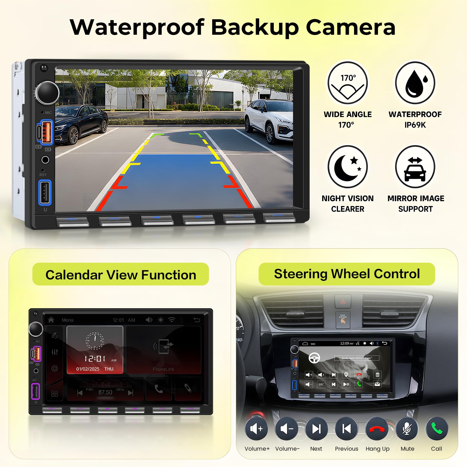 2 DIN Radio samochodowe z bezprzewodowym Carpal i Android, auto i MirrorLink, 7-calowy ekran dotykowy stereo z Bluetooth, FM, AUX/TF/tylną kamerą/SWC