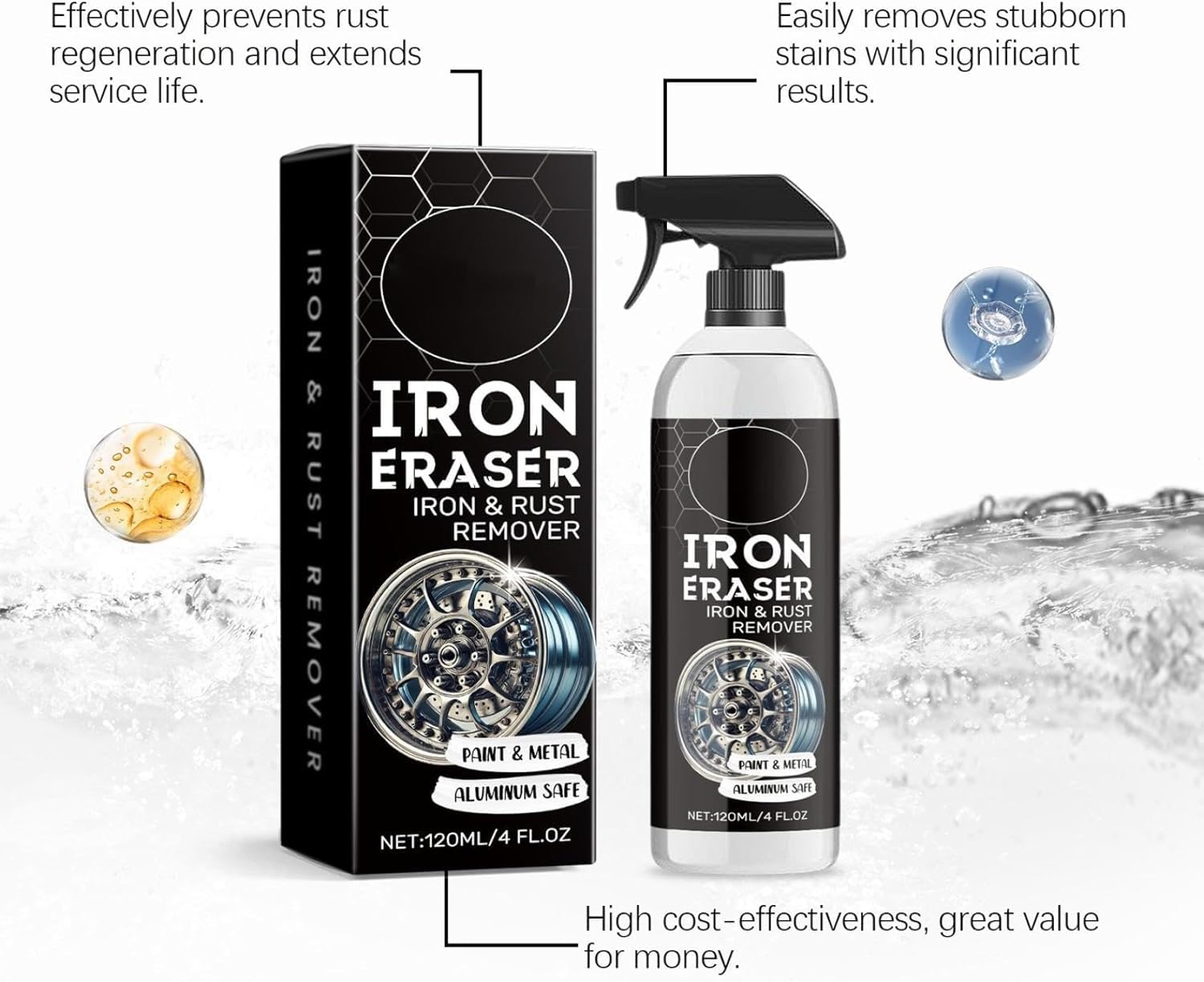 Iron Eraser Rust Remover Spray, 120ML Iron Powder Remover Spray for Car Wheels and Paint Fast Acting Rust and Brake Dust Removers for Wheels, Tools & Hardware, Automotive Care