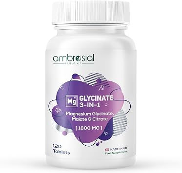 Ambrosial Magnesium Glycinate 3-in-1 Complex 1800 mg   Triple Magnesium Supplement with Glycinate, Citrate & Malate   384 mg Elemental Mag.   UK Made, GMP Certified   120 Tablets