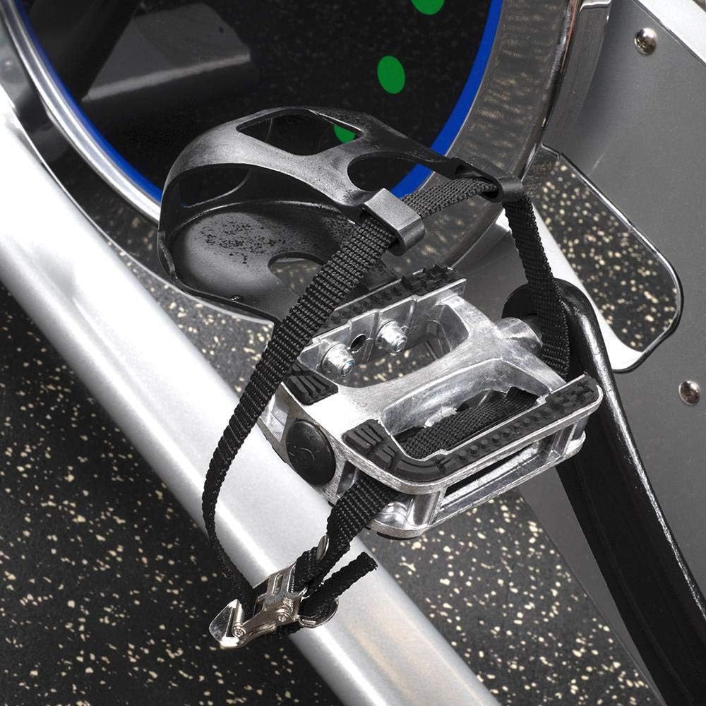 Close-up of the pedals with adjustable straps on the ESB150 bike
