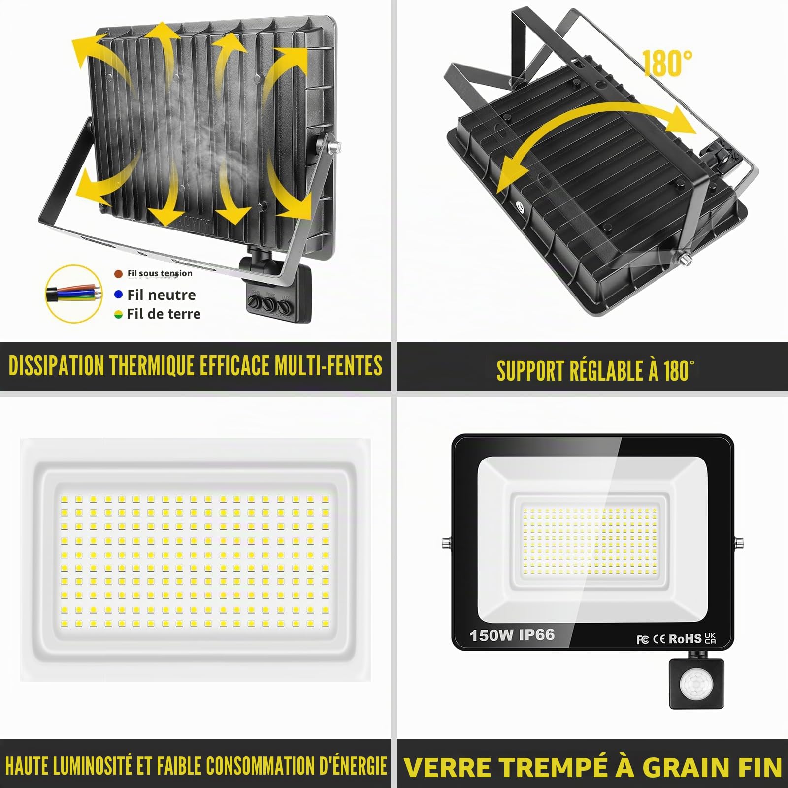 RIGIDON 150W Projecteur LED Avec Détecteur de Mouvement, 15000LM 6000K Blanche Froide Spot LED Extérieur Avec Détecteur IP66 Etanche, Éclairage de Sécurité Extérieur pour Jardin Patio Garage Terrasse