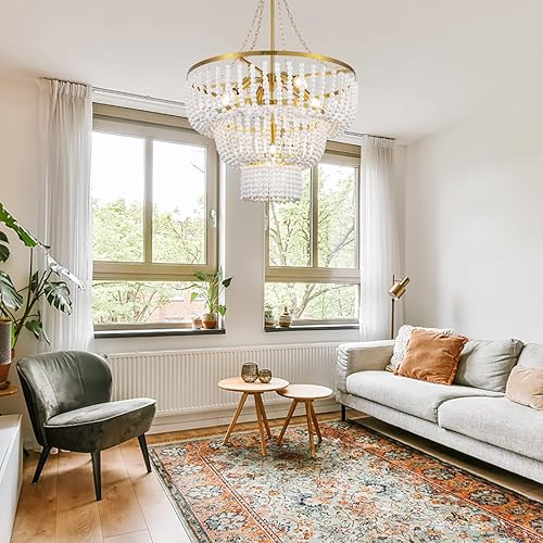 Miniatura 8 de Wellmet Lámpara de araña bohemia de 22 pulgadas con cuentas de madera para comedor, lámpara colgante dorada de granja de 3 niveles, lámpara blanca