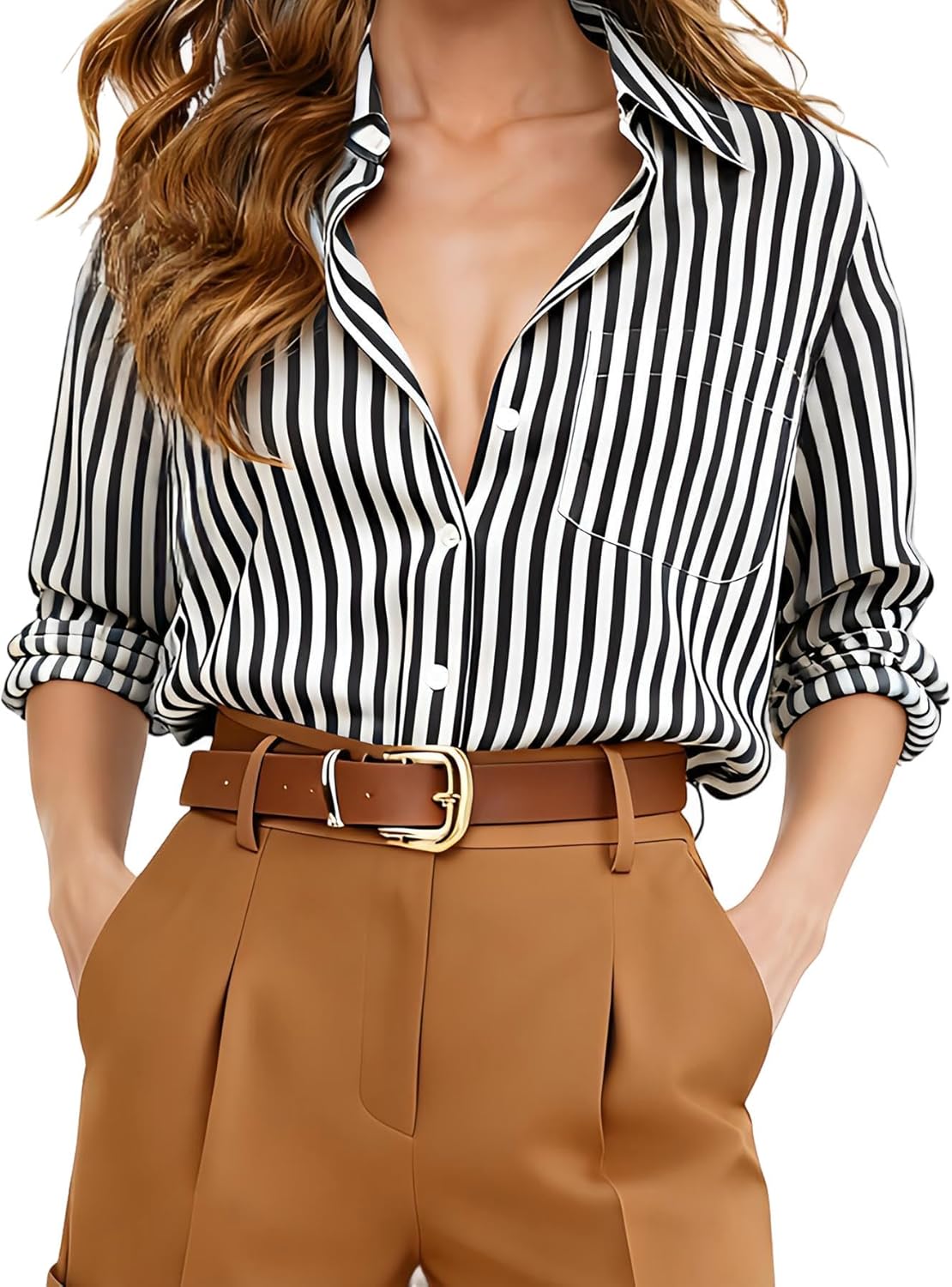 Button Down Shirts for Women Striped Long Sleeve Wrinkle Resistant Blouses Super Soft Collared Business Casual Tops