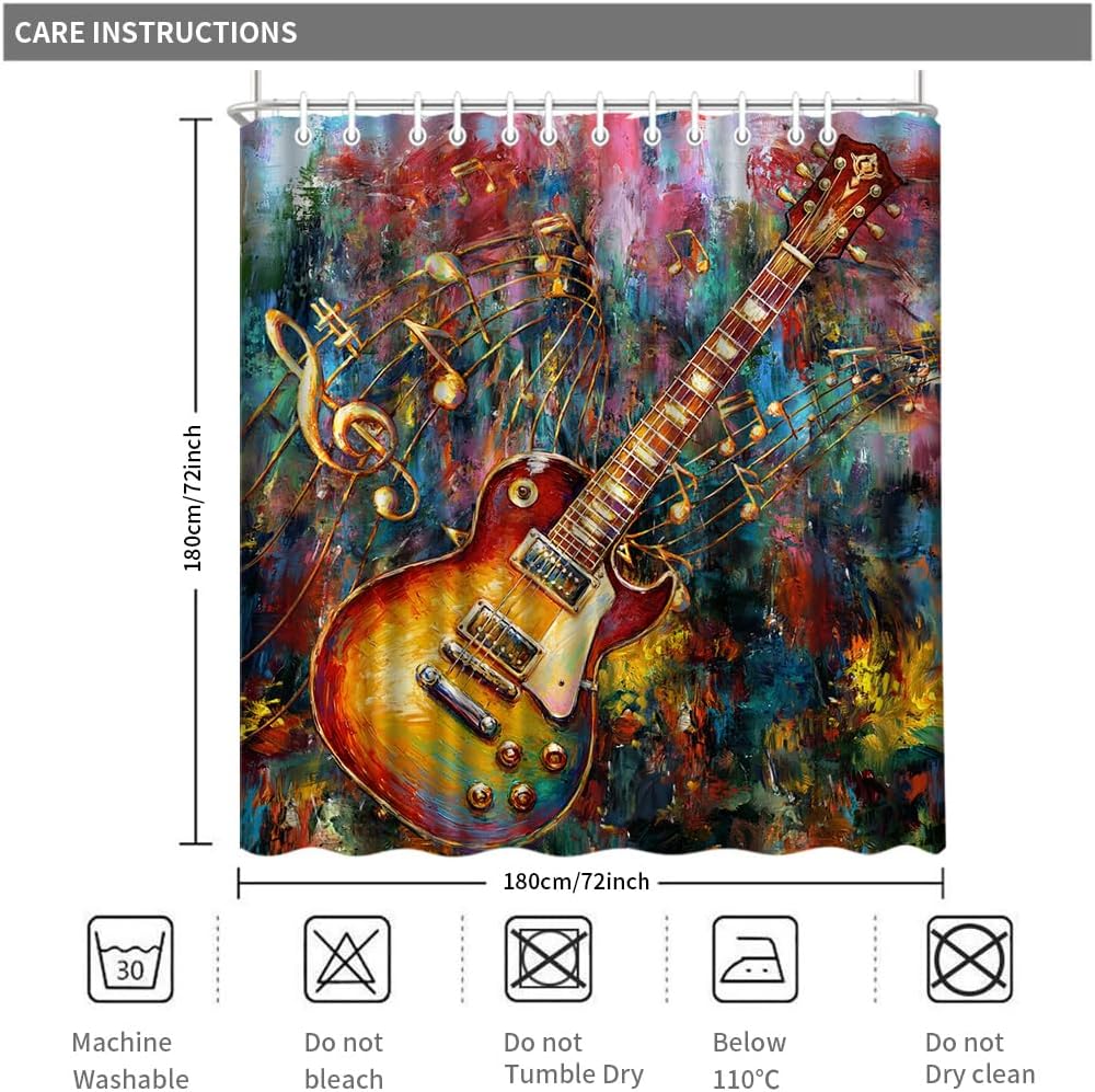 Colorful Guitar Shower Curtain, Music Notes Theme, Vibrant Oil Painting Style Bathroom Decor