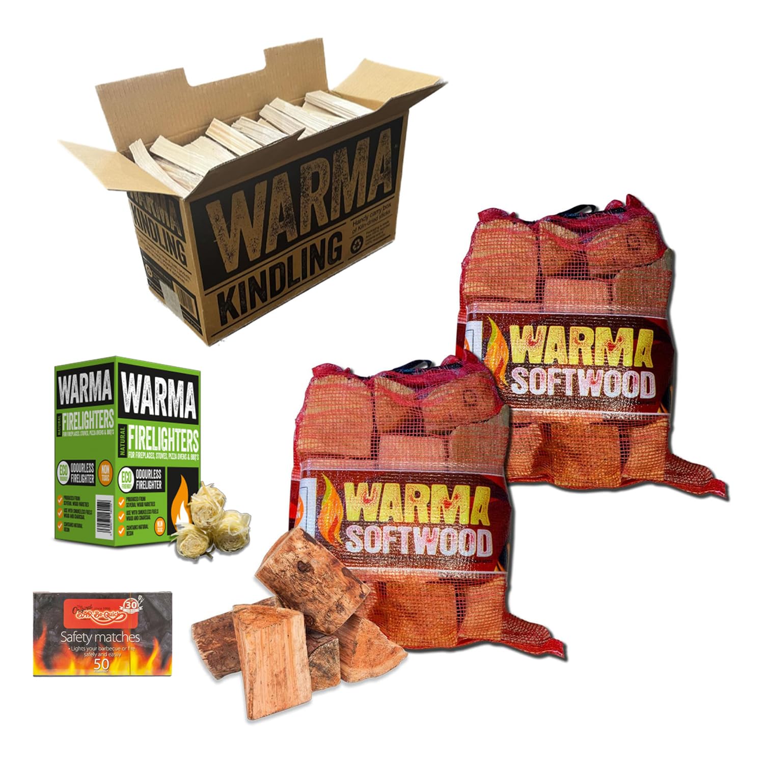 Softwood Firewood Logs 50L Kiln Dried Logs Bundle - Includes 2 x 25L Nets Soft Wood 1 x Large Box Kindling 1 x Box of 30 Eco Wood Wool Firelighters & Matches - Fire Burners Stoves Burners Fireplaces