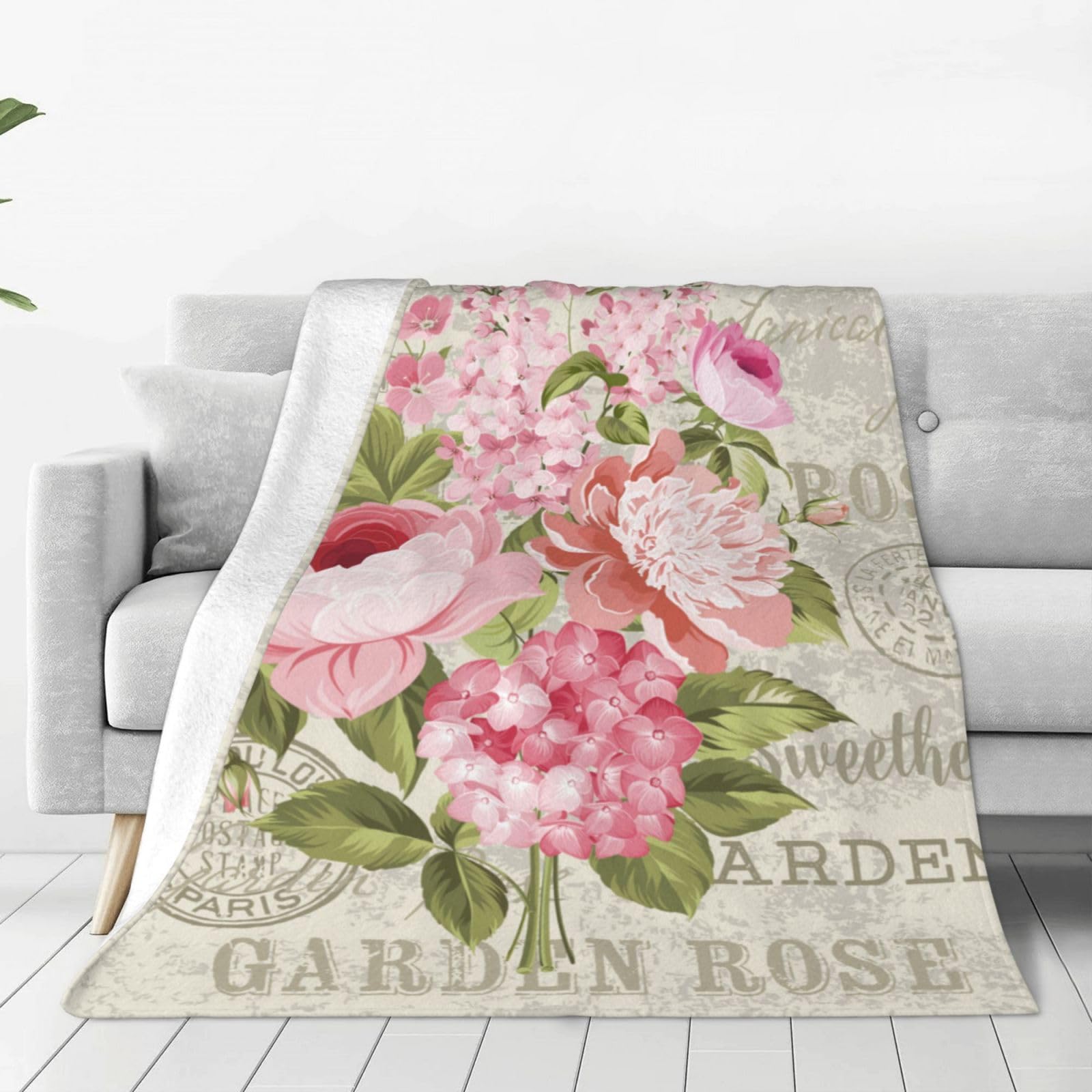 Gearsly Fleece Blanket Throw Fluffy - Vintage Pink Rose Flowers Versatile Soft Warm Blankets Throws for Bed Double Size,Cozy Flannel Twin Blanket for Sofa Couch Gift 130x150cm