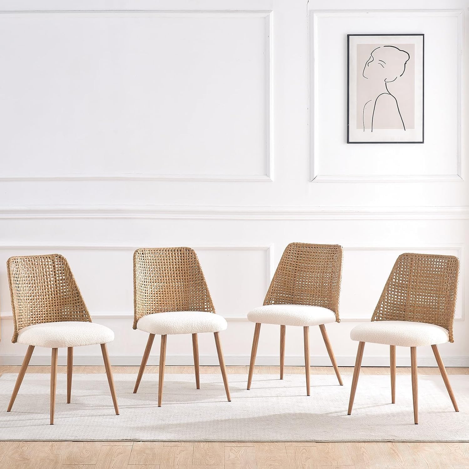 Rattan Dining Chairs, Upholstered Dining Chairs with Armless and PE Cane Backrest, Mid Century Modern Dining Room Chairs with Metal Legs for Kitchen Island,Set of 4