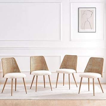 Rattan Dining Chairs Set of 4,Upholstered Kitchen Chairs, Mid Century Modern PE Rattan Kitchen & Dining Room Cane Back Chairs for Dining Room with Metal Legs,White