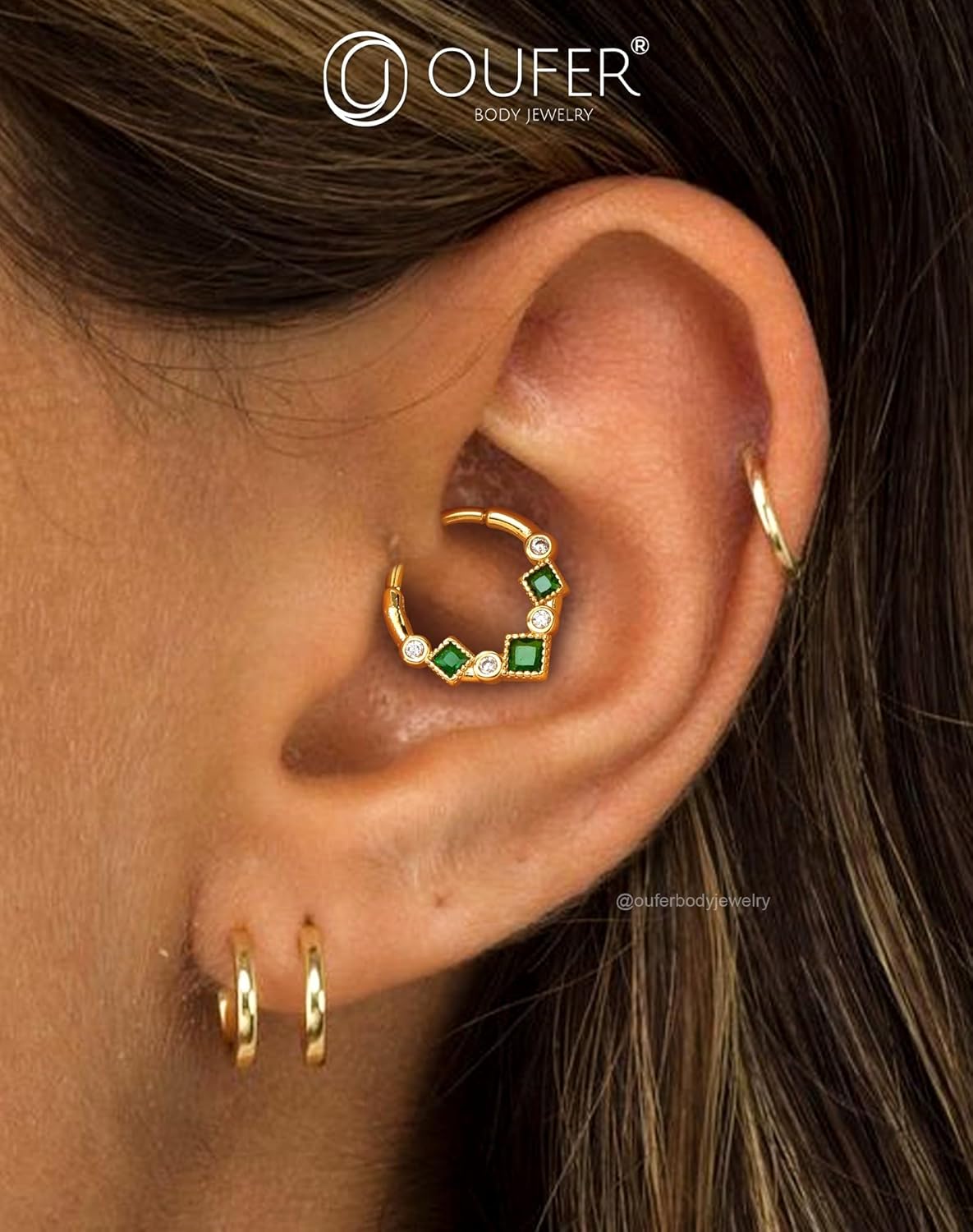 OUFER Gold Septum Ring, 16G Green CZ Septum Piercing Jewelry, 316L Surgical Steel Septum Jewelry, Hinged Segment Daith Helix Cartilage Earrings For Women - Image 4