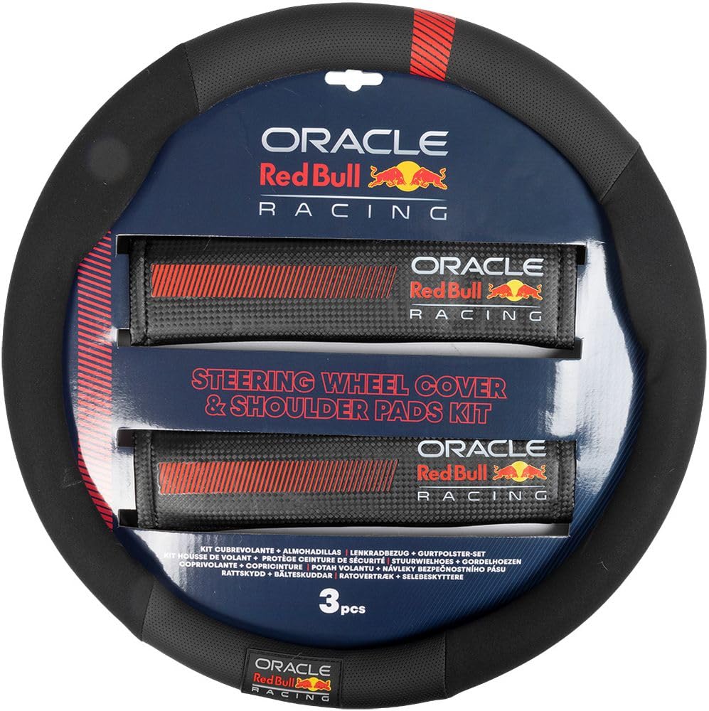 Red Bull Kit Coprivolante antiscivolo e 2 Passacintura imbottiti Powerbar racing Nero/Rosso per auto, Materiale Antiscivolo, Facile Installazione, Resistente e Universale, Diametro Coprivolante 38 cm