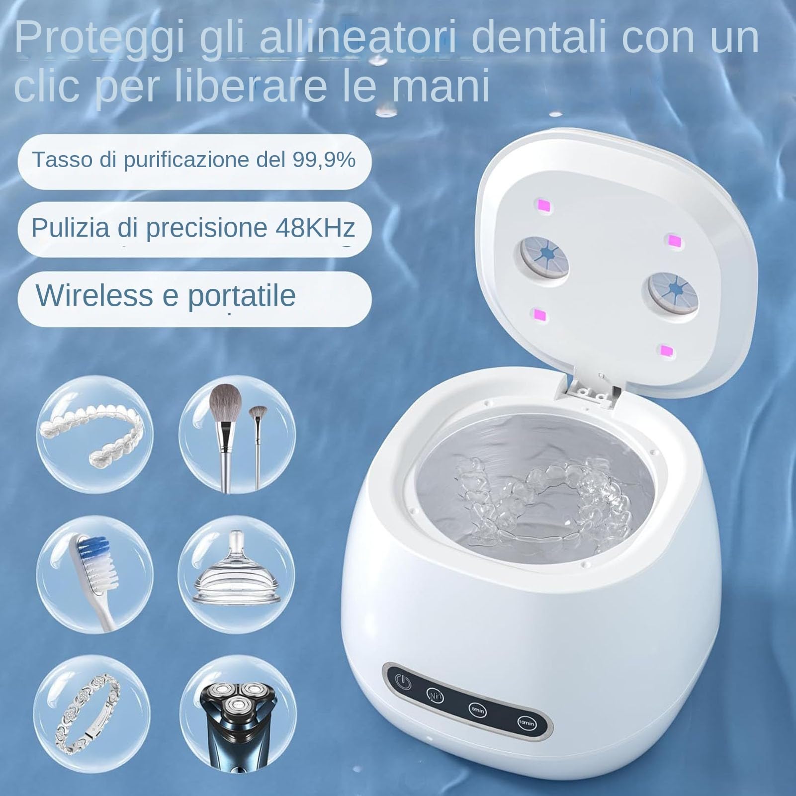 Pulitore per Apparecchi Ortodontici a Ultrasuoni | Pulitore per | Bite Notturno 52kHz | Dispositivo Di Pulizia Portatile UV Per Bambini Anziani Adulti Protezioni Boccali Cinturini Orologio