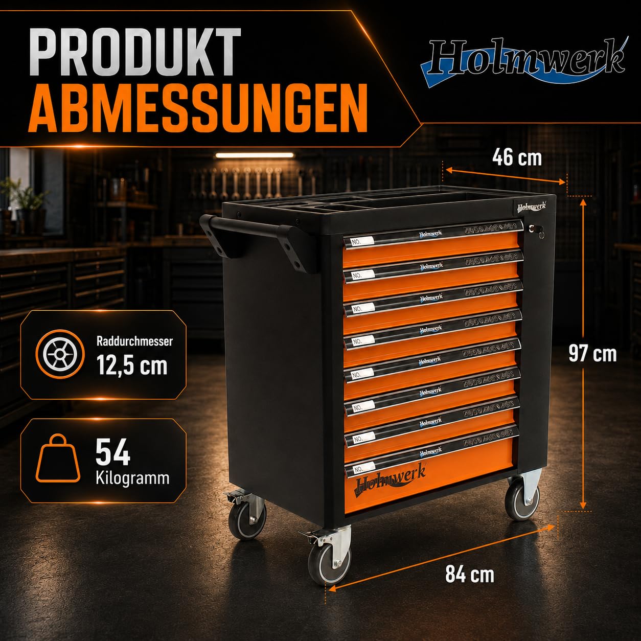 Werkstattwagen leer mit 8 Schubladen und Seitentür, Werkzeugwagen Montagewagen abschließbar mit Vollauszug, ABS-Ablage, 125 mm Rollen, Stahl, Orange Schwarz, für Werkstatt Garage Kfz