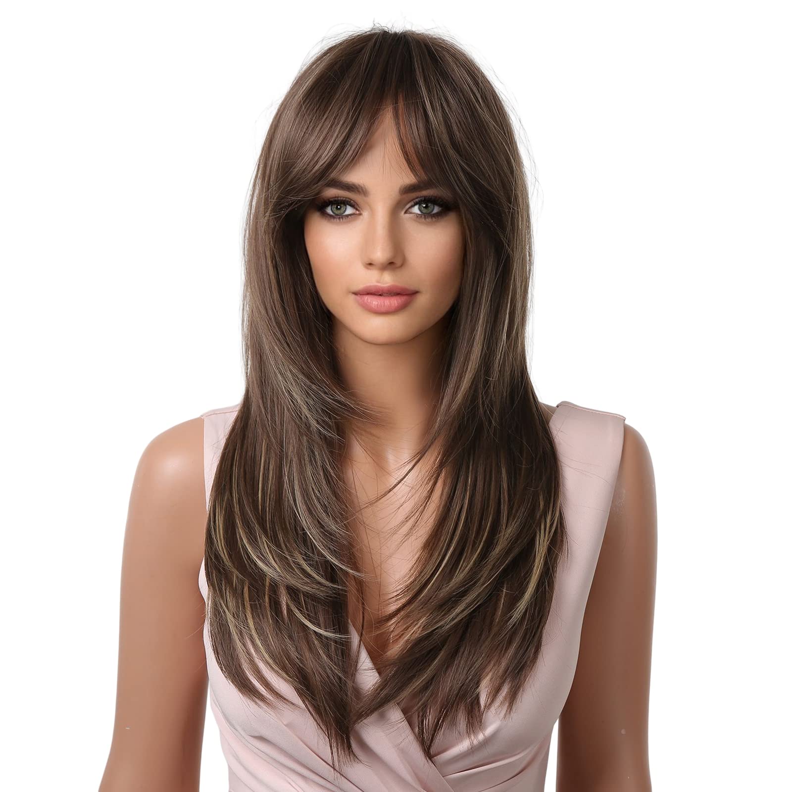HAIRCUBE Parrucche per Capelli Sintetici a Strati Lunghi Marrone per le Donne con Evidenza