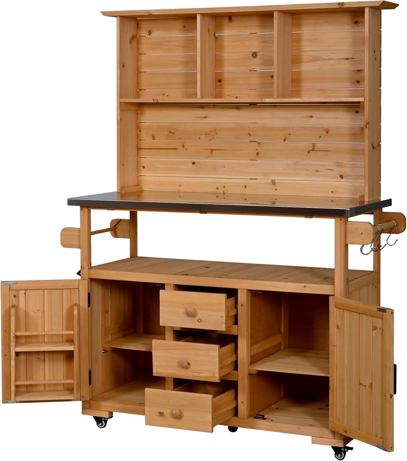 65''H Garden Potting Bench with Stainless Steel Countertop and Lockable Wheels, Wood Outdoor Kitchen Island with Hutch,Storage Shelves&Drawers and Cabinets, Black