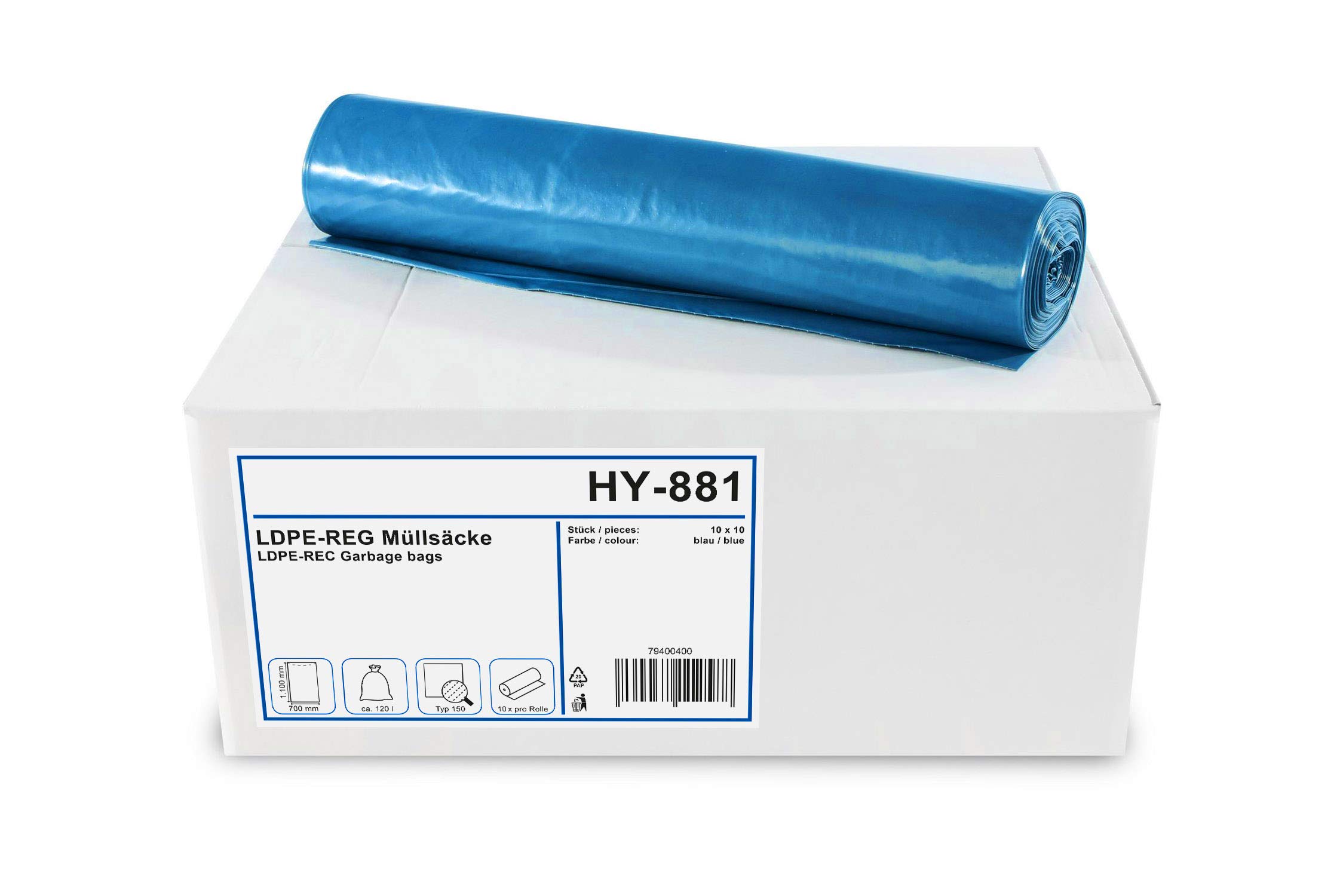 Hypafol Müllsäcke, 100 St. extra starke blaue Müllbeutel mit 120 Liter Fassungsvermögen, 700 x 1.100 mm, Typ 150 mit 100 my, extra reißfest, ideal für Gartenabfälle, Bauschlussreinigungen, 10er Pack