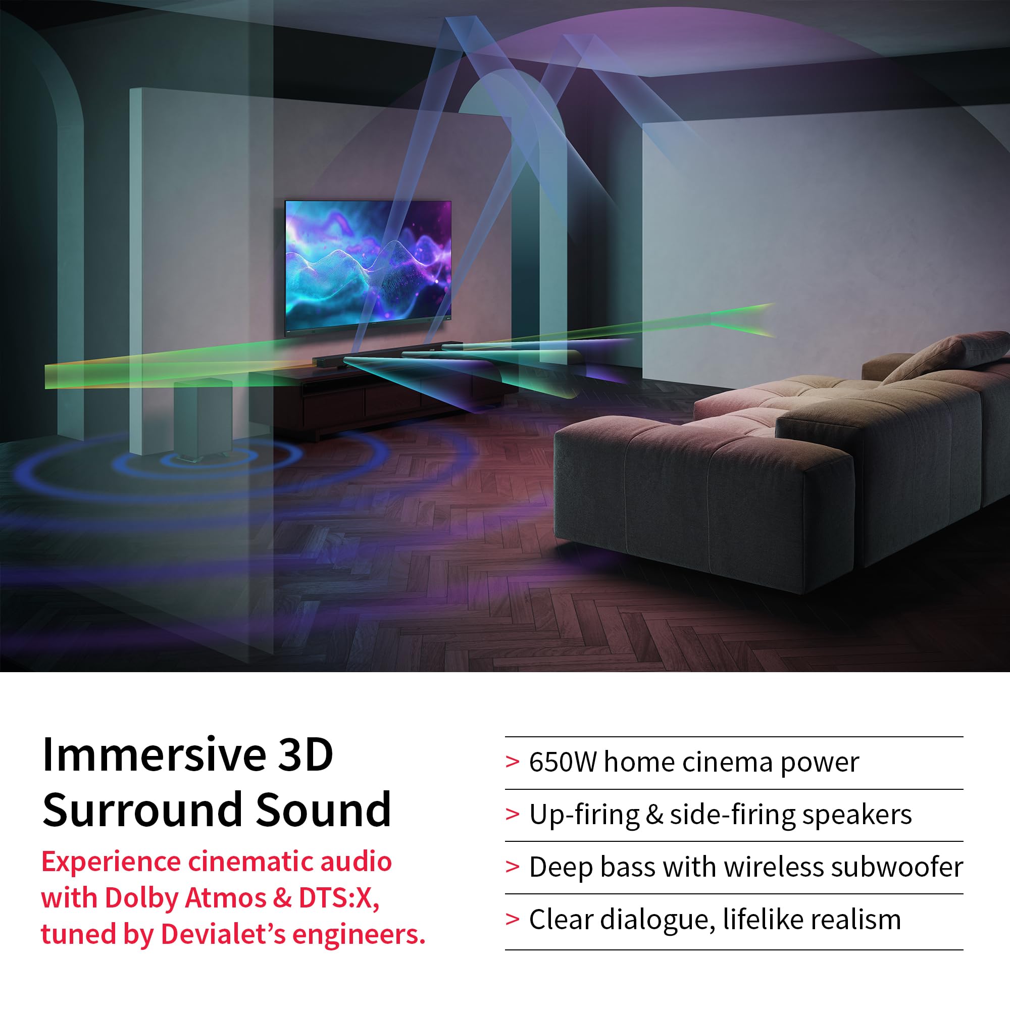 SHARP HT-SBW55121(BK) Barre de Son 5.1.2 canaux avec Caisson de Basses sans Fil - Audio Home cinéma 650 W, Dolby Atmos, DTS:X, Bluetooth 5.3, HDMI eARC, Passthrough 4K - Noir