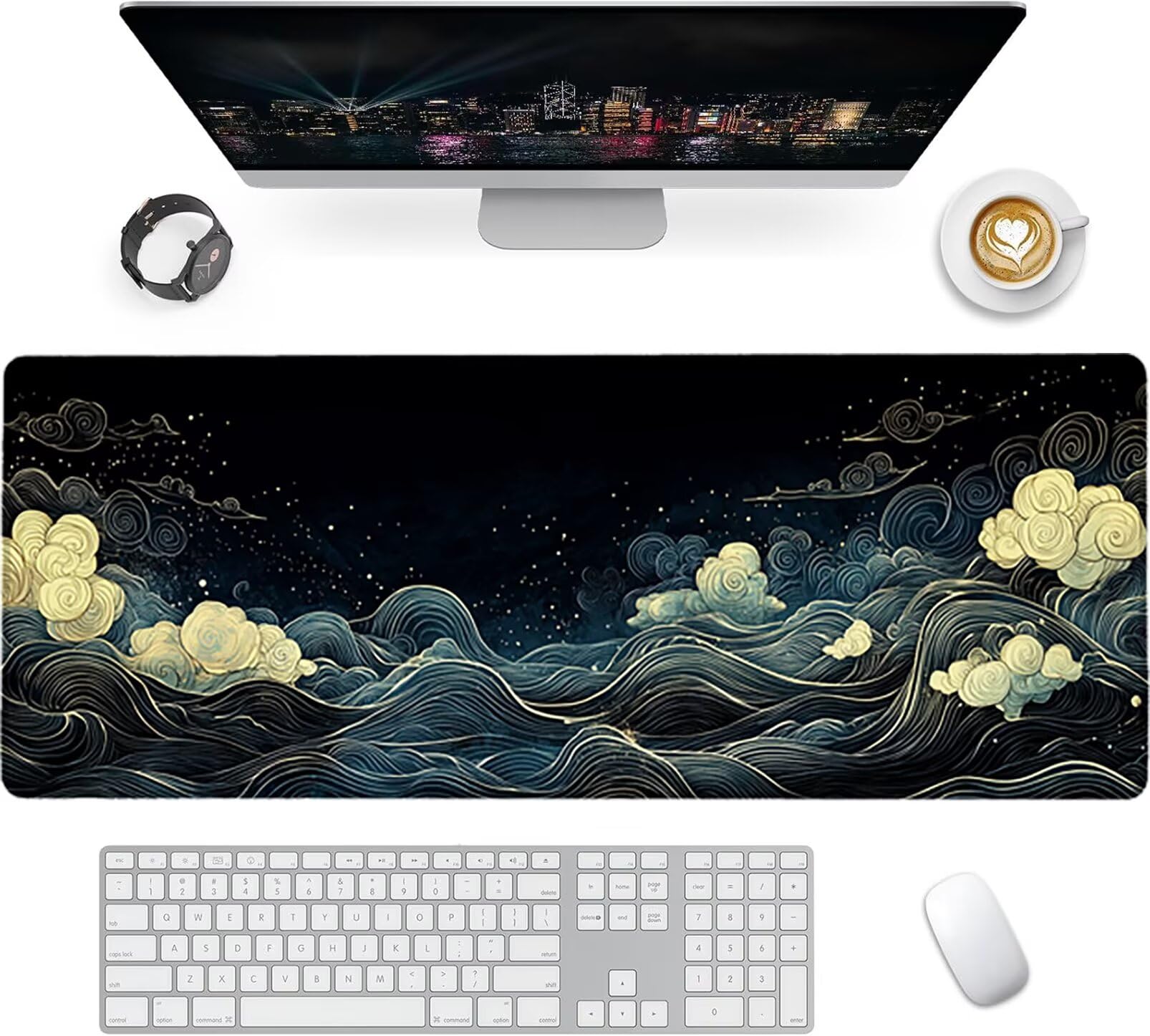 Lpfieonn Wellen Schreibtischunterlage XXL, Schwarz Schreibtischunterlagen Großes, Gaming Mousepad XXL mit ernähter Rand und Rutschfeste Gummibasis, Desk Mat für PC/Laptop/Mausa 120x60cm PF-2232