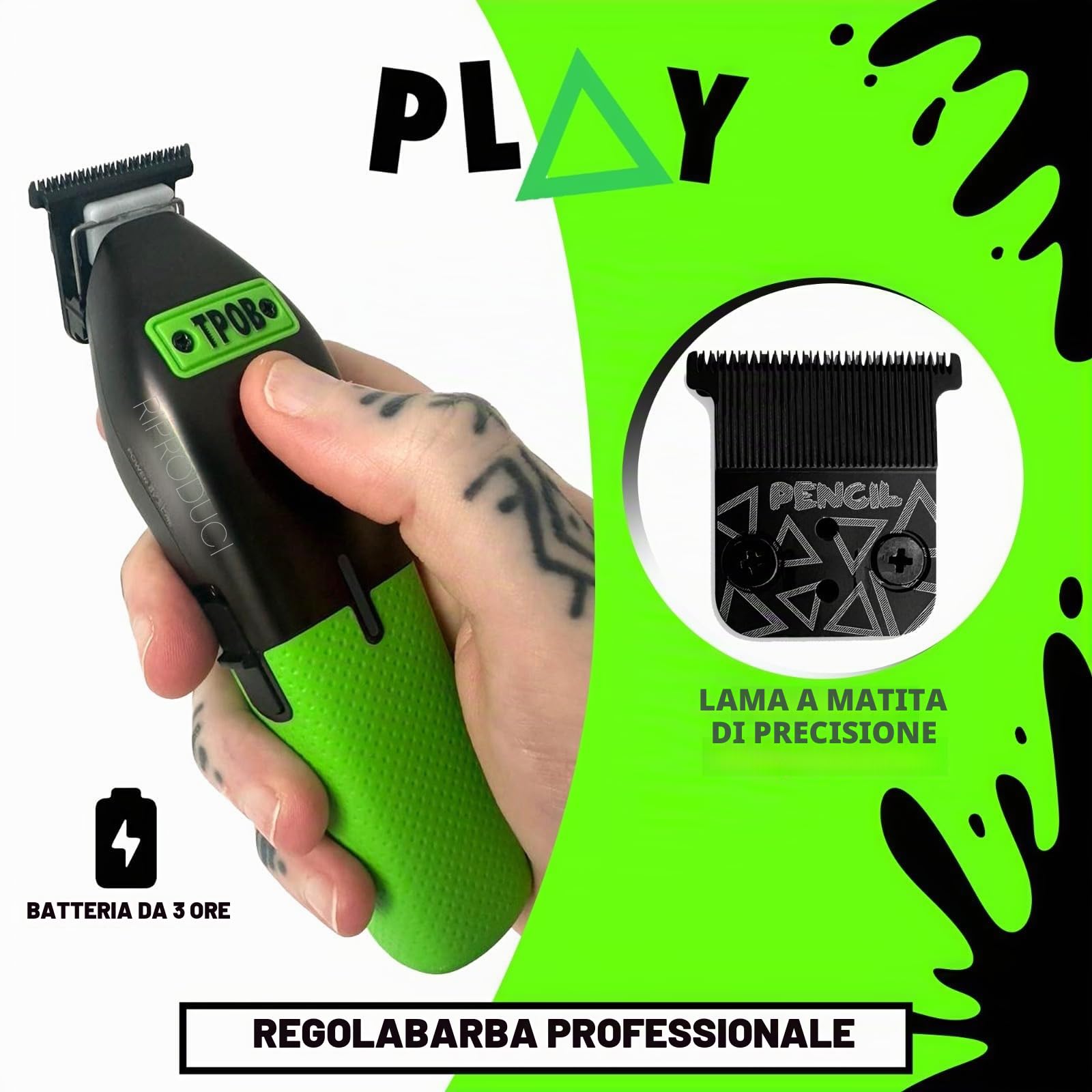 TPOB Play Professional Barber Tagliacapelli per Uomo, 7000 giri/min (Nero + Verde)