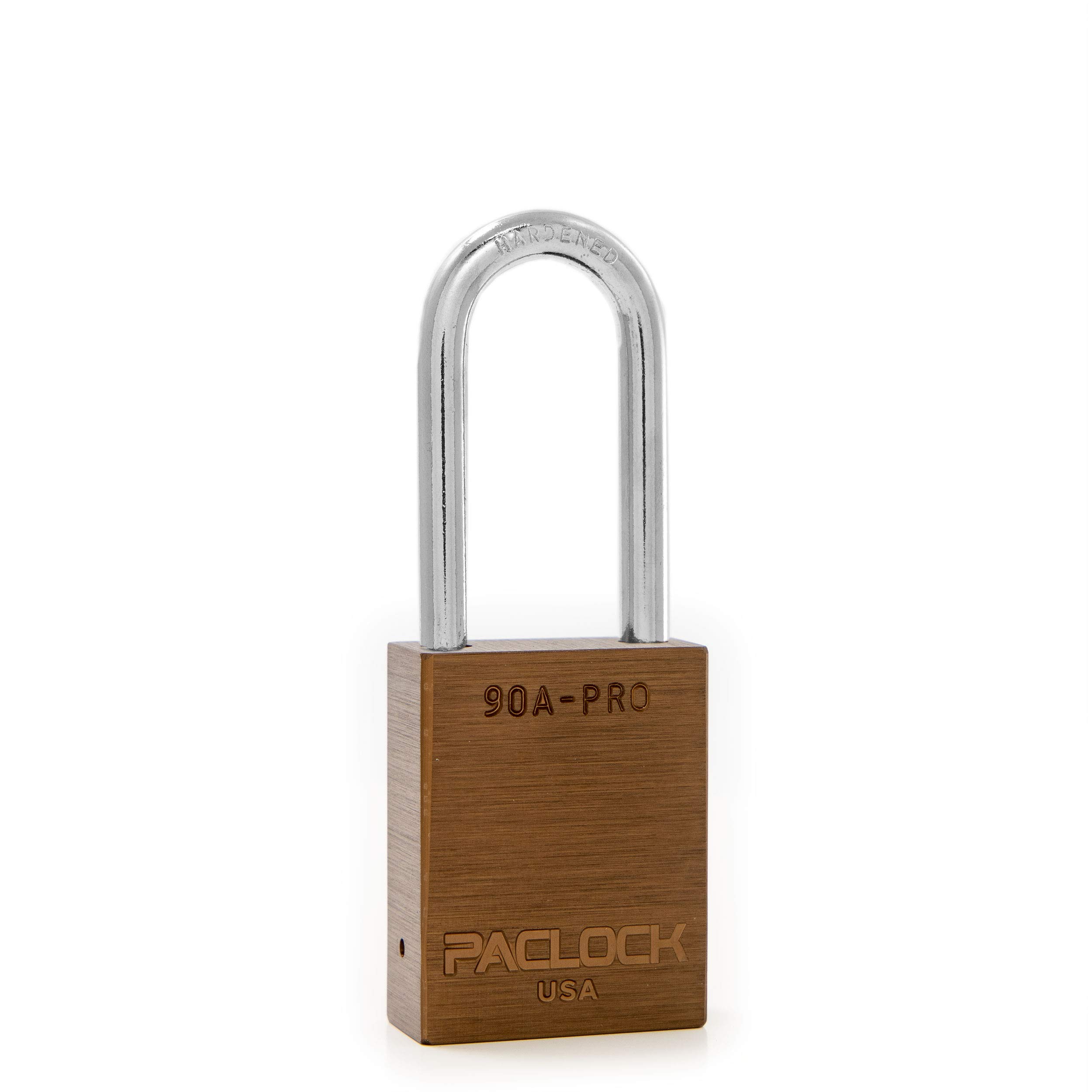 PACLOCK's 90A-PRO Padlock, 1/4" Diameter Hard. Steel Shackle, 2" Tall, High Performance 7-Pin Cylinder w/ 1 Key, Keyed Differently, Brown