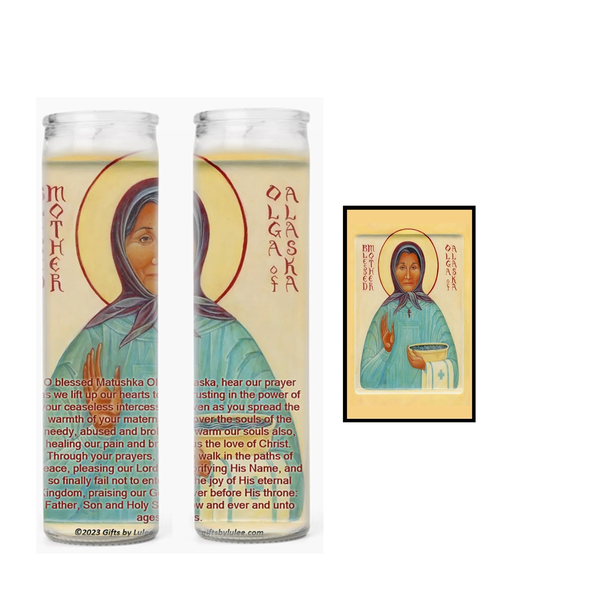 Blessed Mother MATUSHKA OLGA of ALASKA Two or Four Glass Candles available with or without prayer card (2 Candles + HC)