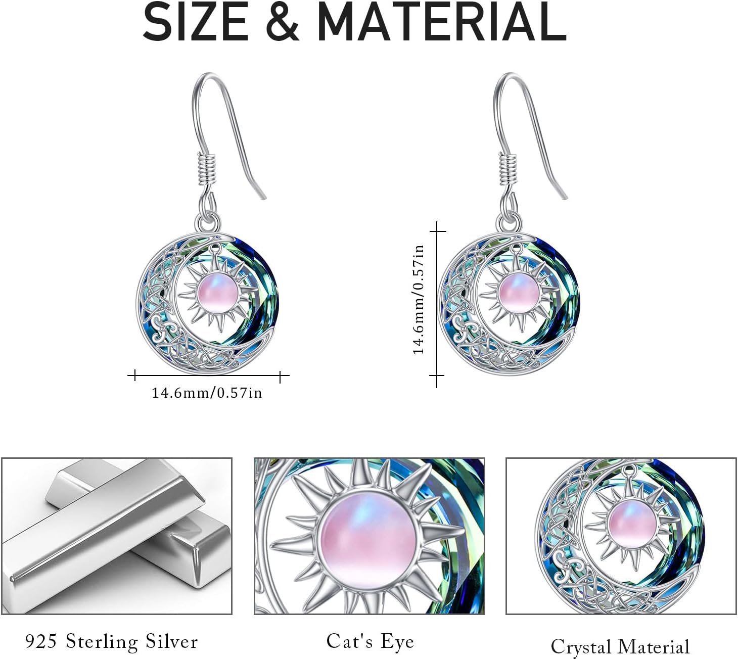 OHAYOO Crescent Moon Drop Dangle Earrings 925 Sterling Silver Sun and Moon Earrings Crescent and Lunar Fish Hook Earring with Moonstone Jewelry Romantic Celestial Gifts for Her Ideal for Birthday