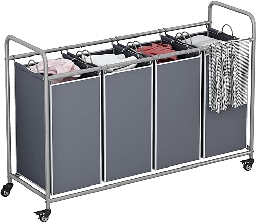 LINZINAR Cesta clasificadora de 4 bolsas para ropa sucia con ruedas resistentes y bolsas extraíbles, color gris