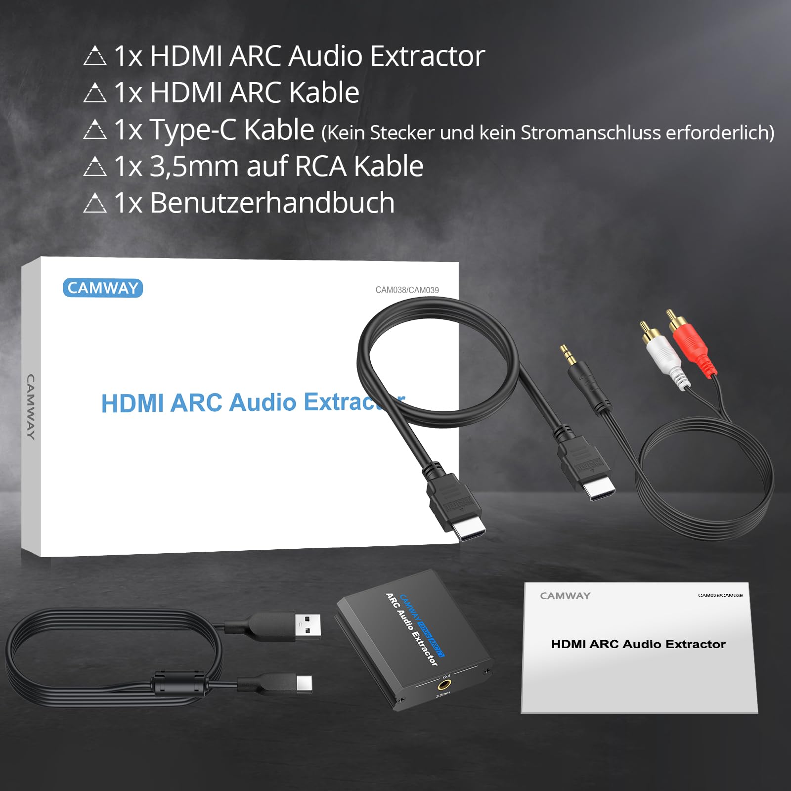 CAMWAY ARC Audio Extraktor, 192 KHz Audio Splitter 3,5 mm-Stereo Audio Out, ARC Adapter mit 1M HDMI-Kabel für Verstärker, Soundbar, Heimkinosystem usw