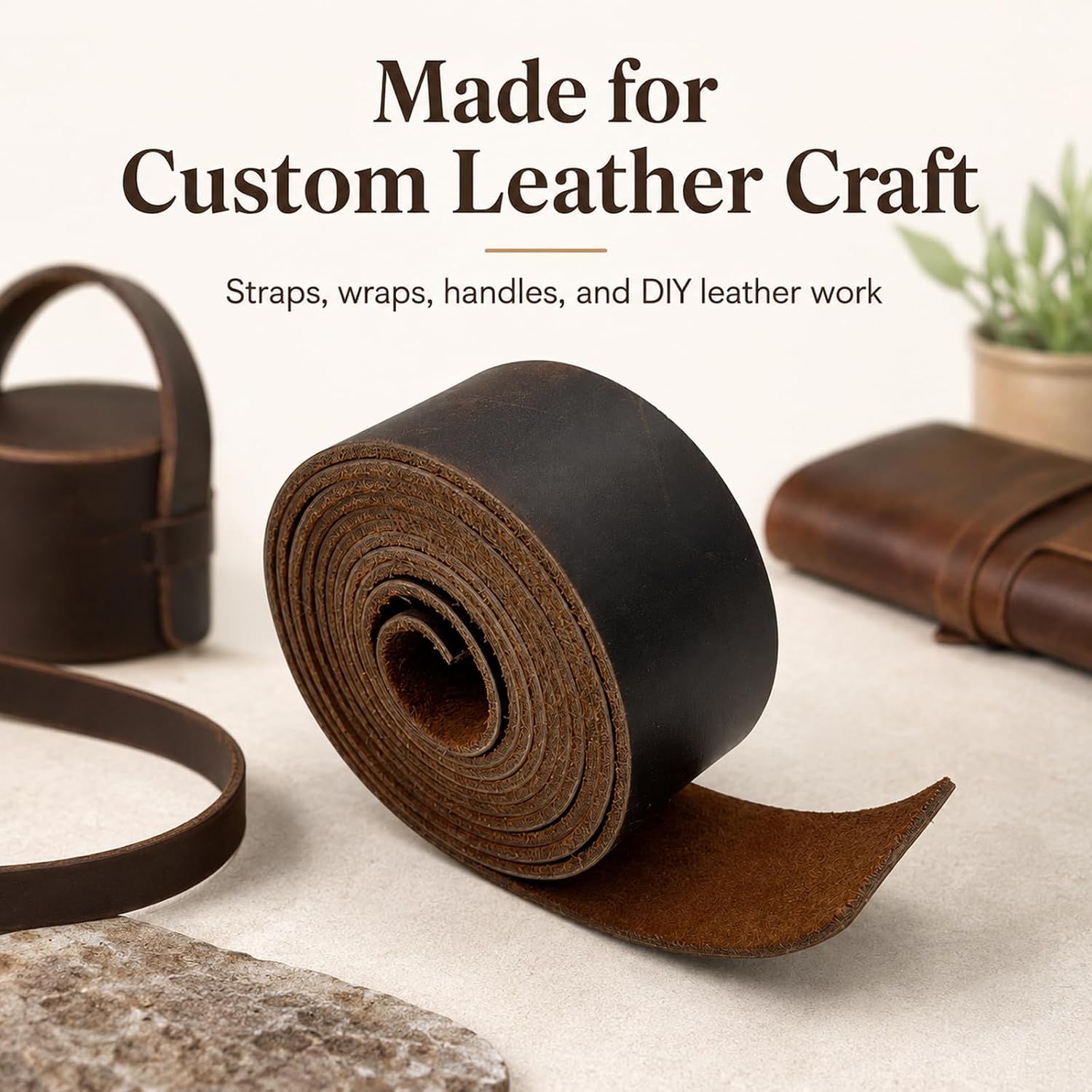 3 Pcs Natural Cowhide Leather Strips, 40-60 cm Craft Straps, 1 in / 1.5 in Brown Leather Pieces, Smooth Front Suede Back for DIY Leathercraft, Wraps and Ties