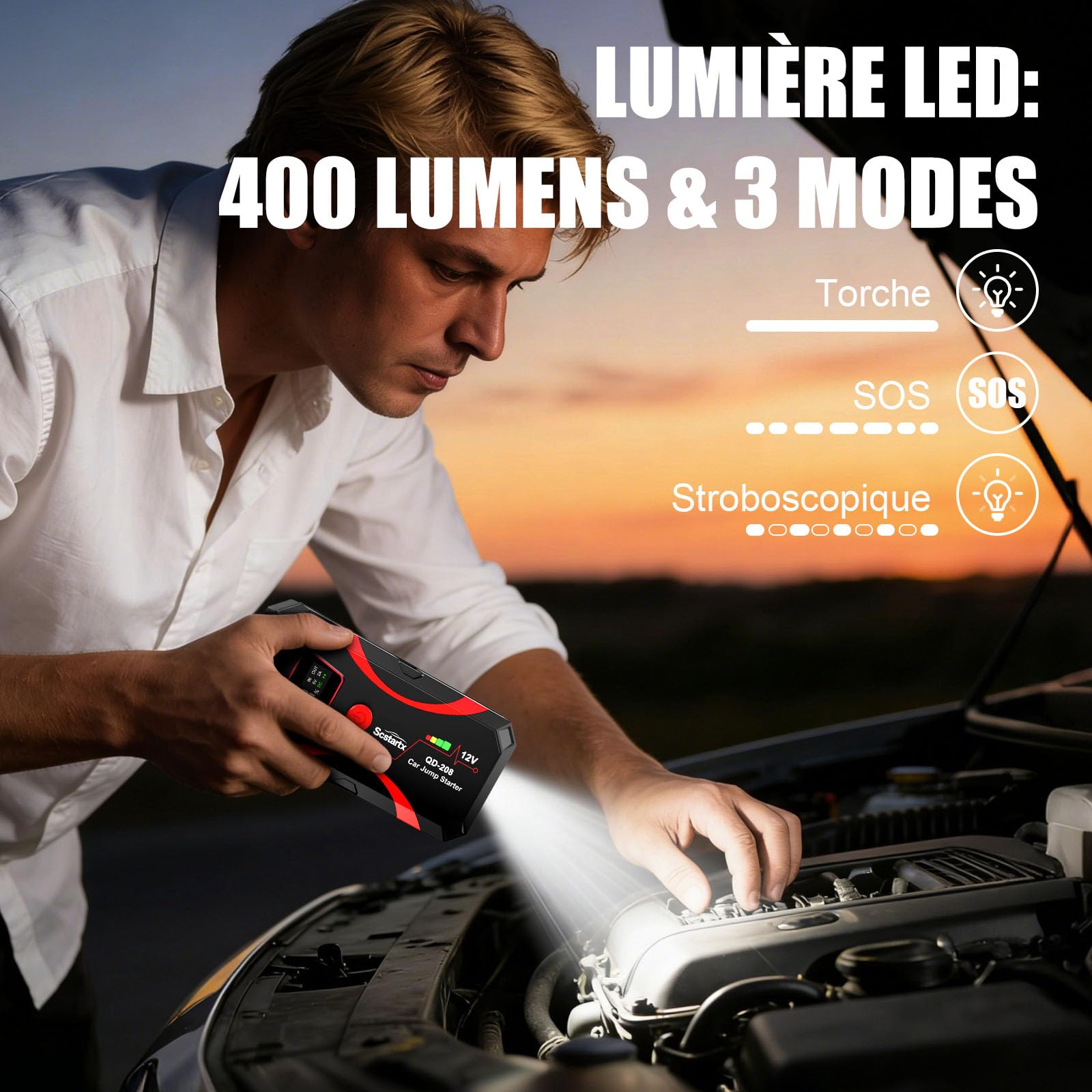 Démarreur de Saut de Batterie de Voiture, Batterie de Puissance Portable 2000A Peak Jump Box pour Moto jusqu'à 8L gaz et 6L Diesel 3 Modes Lampe de Poche et Pinces de Saut de sécurité