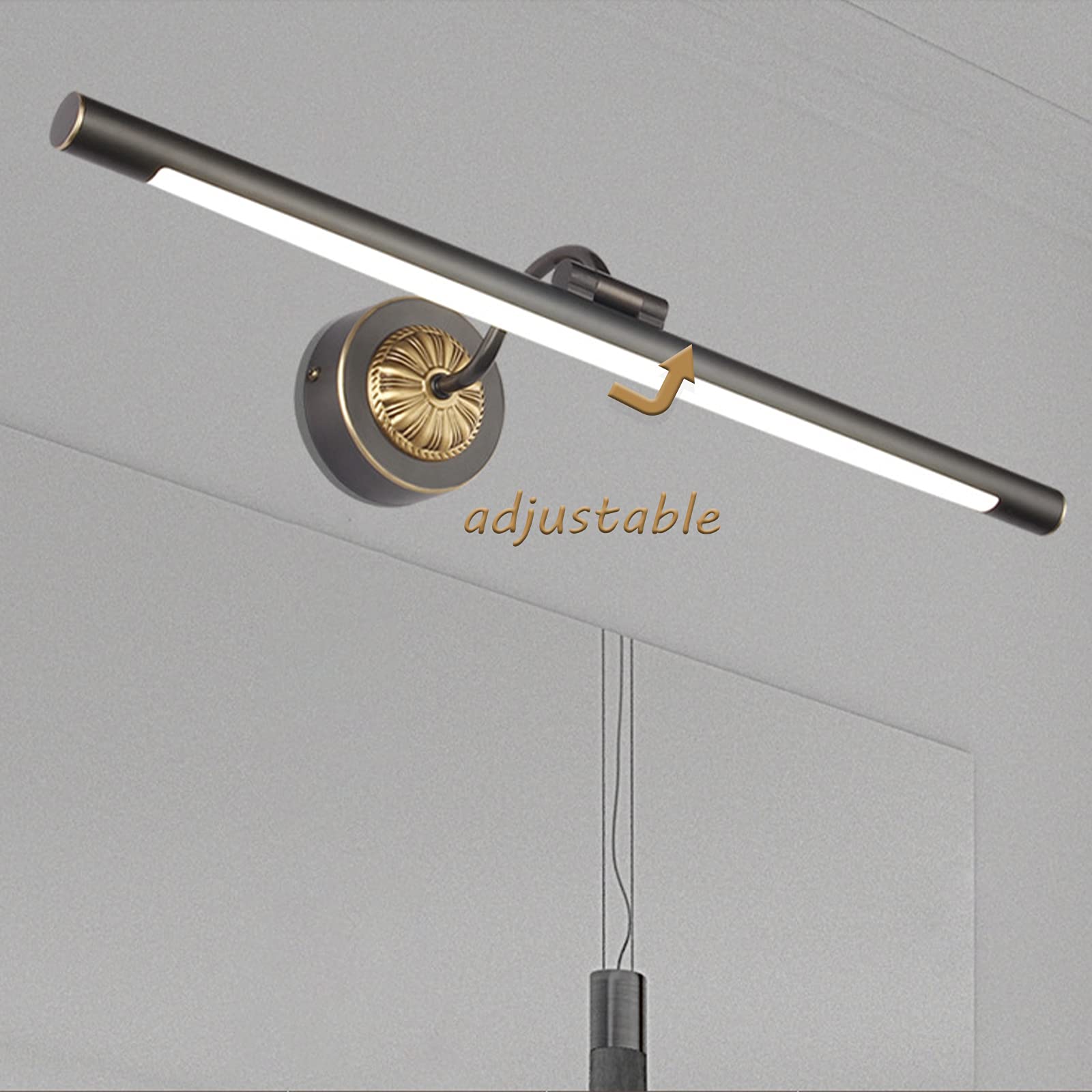 Lampa łazienkowa LED w stylu vintage z mosiądzu, czarna lampa lustro łazienkowe retro, regulowane ramię, światło neutralne 4000K, złota łazienka kinkiet ścienny, wodoodporny kinkiet IP44, oświetlenie