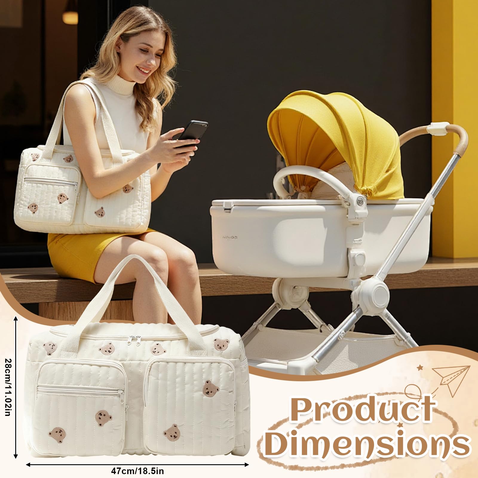 Jadyon Sac à langer matelassé, sac pour l'hôpital, sac de voyage mignon à motif ours pour femmes, sacs de week-end pour femmes, portable et léger, sac pour l'hôpital pour bébé à transporter