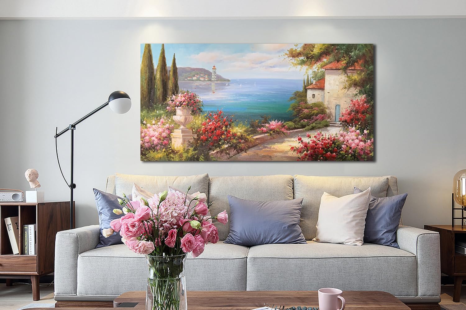 Arte de pared de paisaje mediterráneo, pintura de paisaje marino mediterráneo, árbol, flor rosa, azul, océano, paisaje moderno, obra de arte verde, gran marco para sala de estar, dormitorio, baño, decoración de pared en casa, oficina, 48 x 24 pulgadas 3