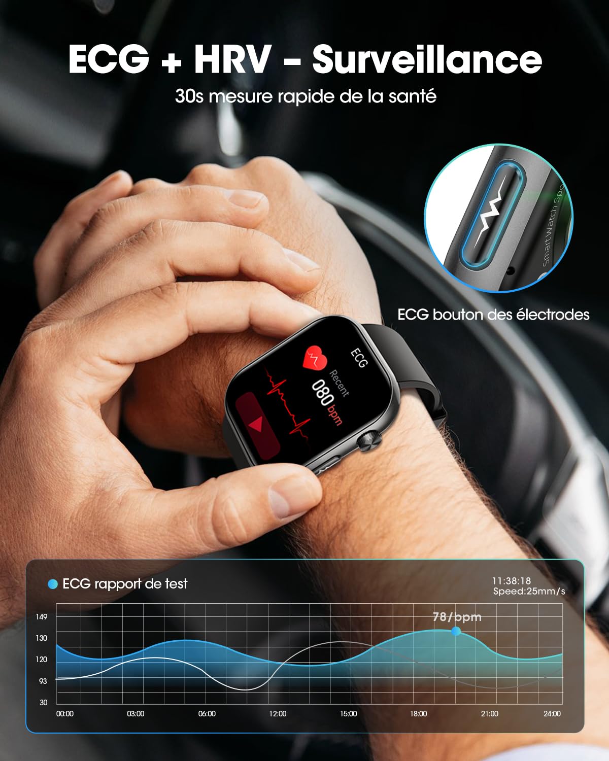 Montre Connectée Homme, ECG, HRV, IMC, Micro-Bilan de Santé, Noir